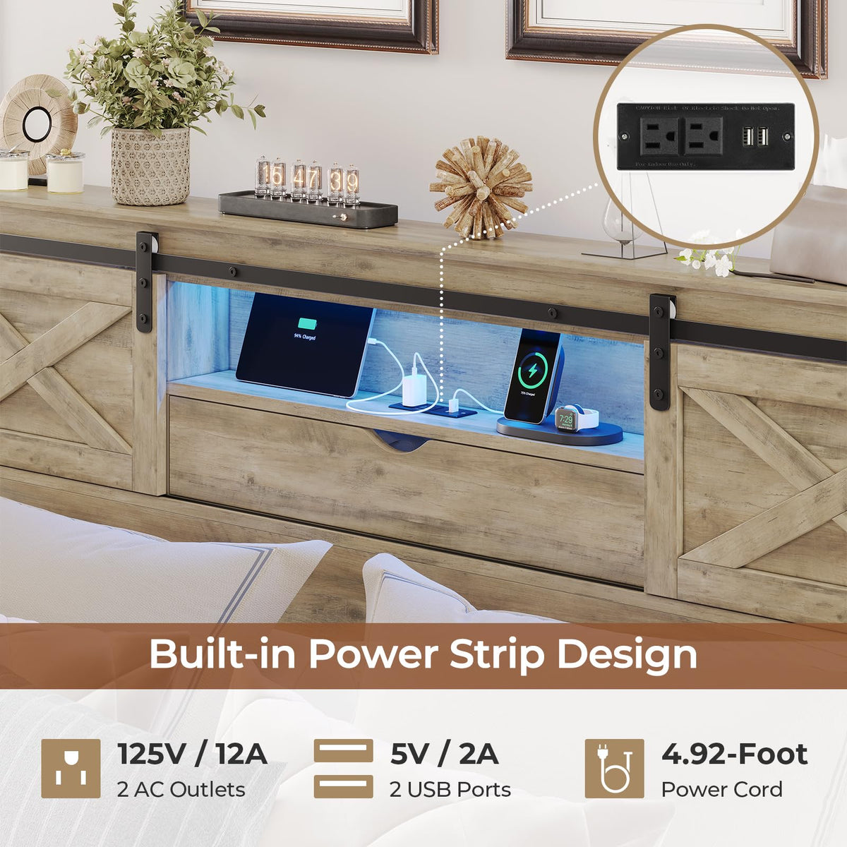 King Farmhouse Storage Bed with LED Lights