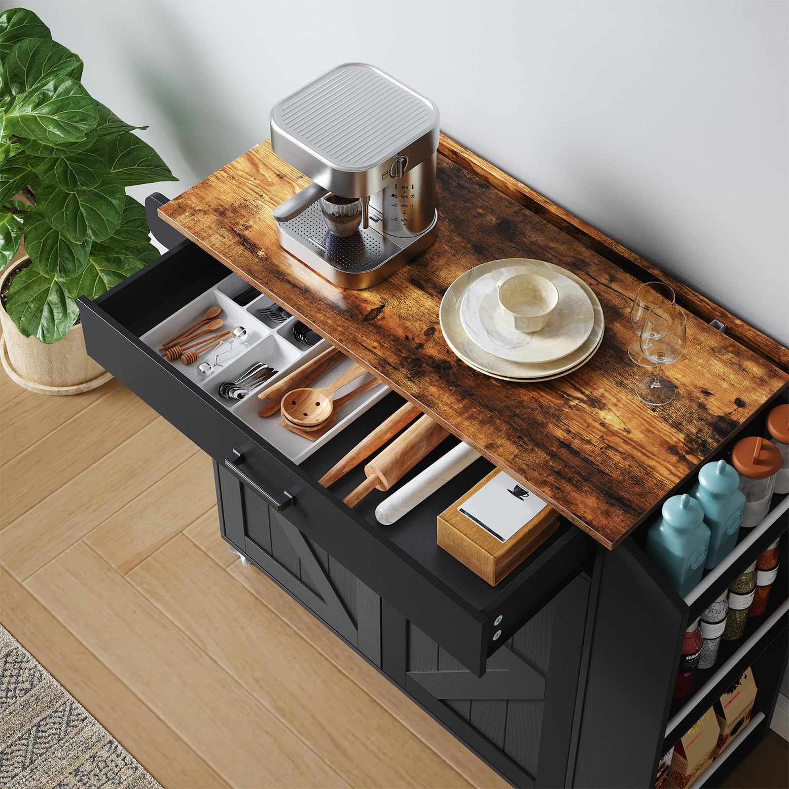 Rolling Kitchen Island with Drop Leaf & Power Outlet