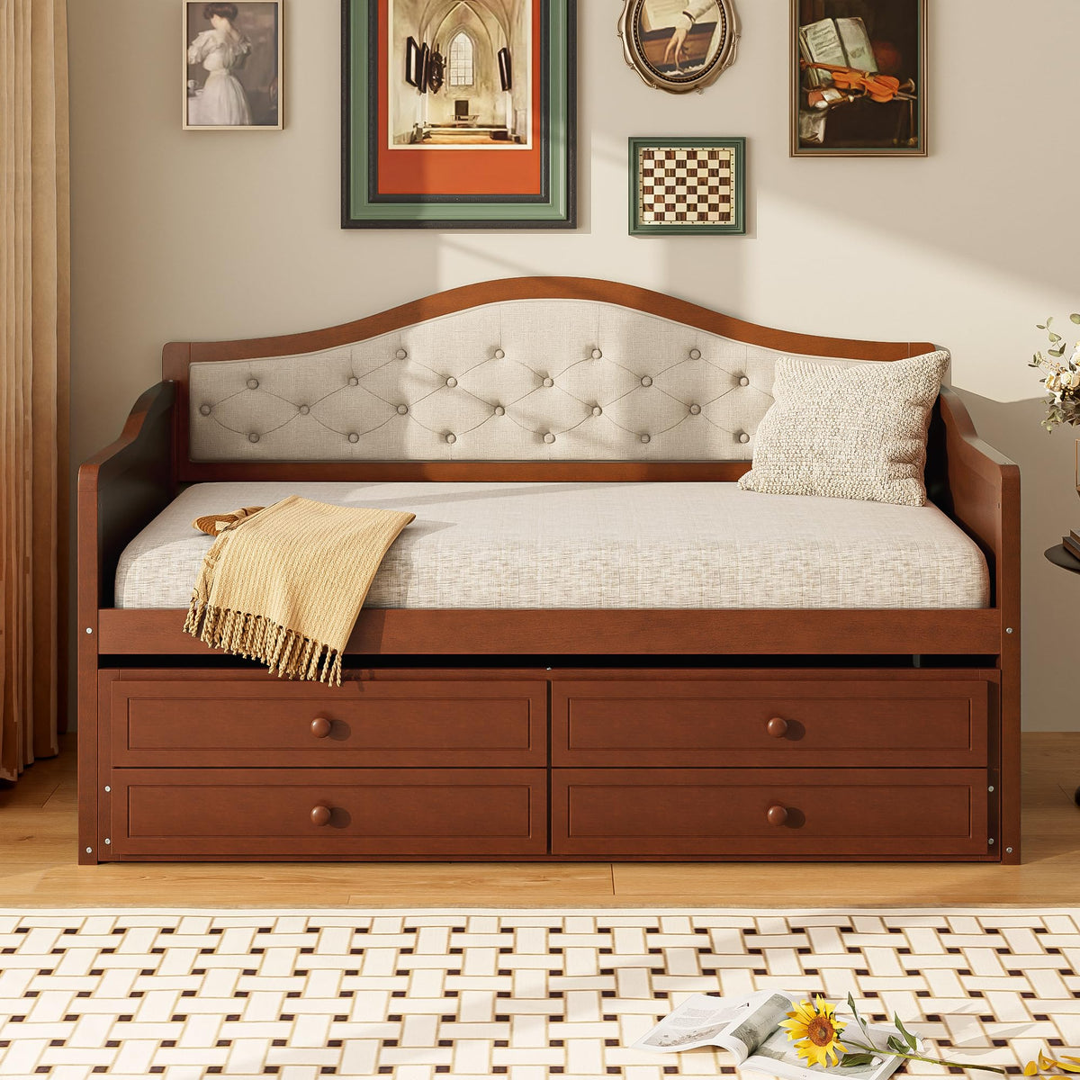 Twin Size Corner Bed Frame with Storage Drawers and Trundle, Walnut