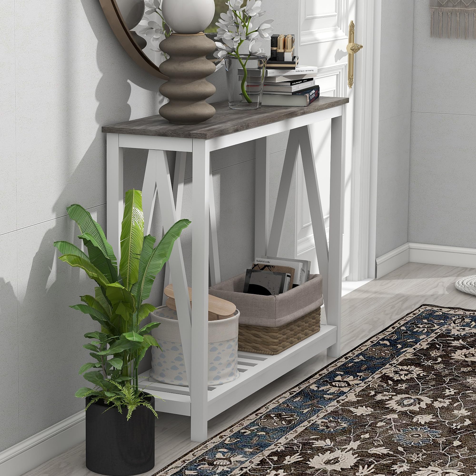 UYIHOME Farmhouse Console Table for Entryway, 39.3 Inch Sofa Table with Storage Shelf, Hallway Table, Narrow Behind Couch Table for Foyer, Living Room，Oak Grey