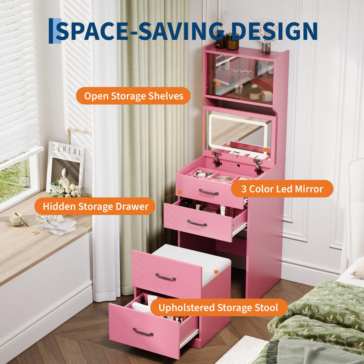 Pink Vanity Desk with LED Mirror