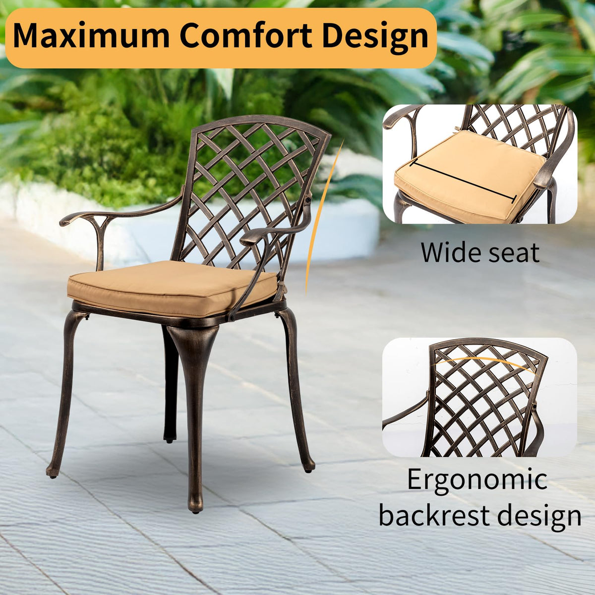 VINGLI 3-Piece Outdoor Bistro Set, All-Weather Cast Aluminum Patio Table & 2 Chairs Rustproof Small Outside Chairs for Lawn Garden Deck Pool (with Cushion)