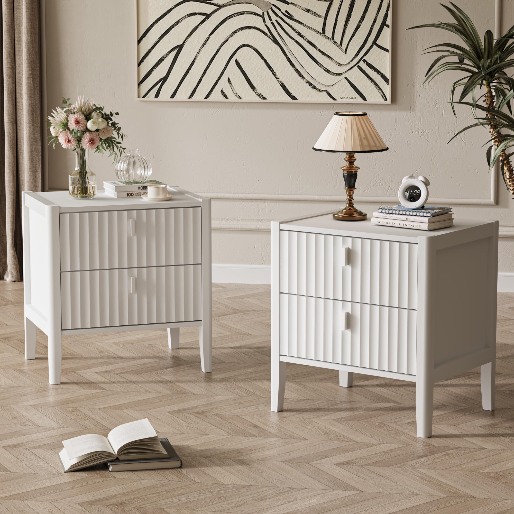 Nightstand with 2 Drawers, Fluted Bedside Table