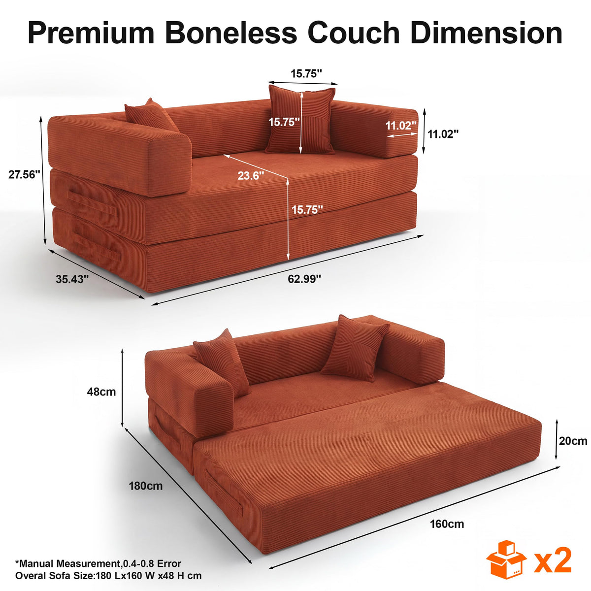 Vipbear 63" Convertible Futon Sofa Bed, 5-in-1 Boneless Couch with 2Pillows