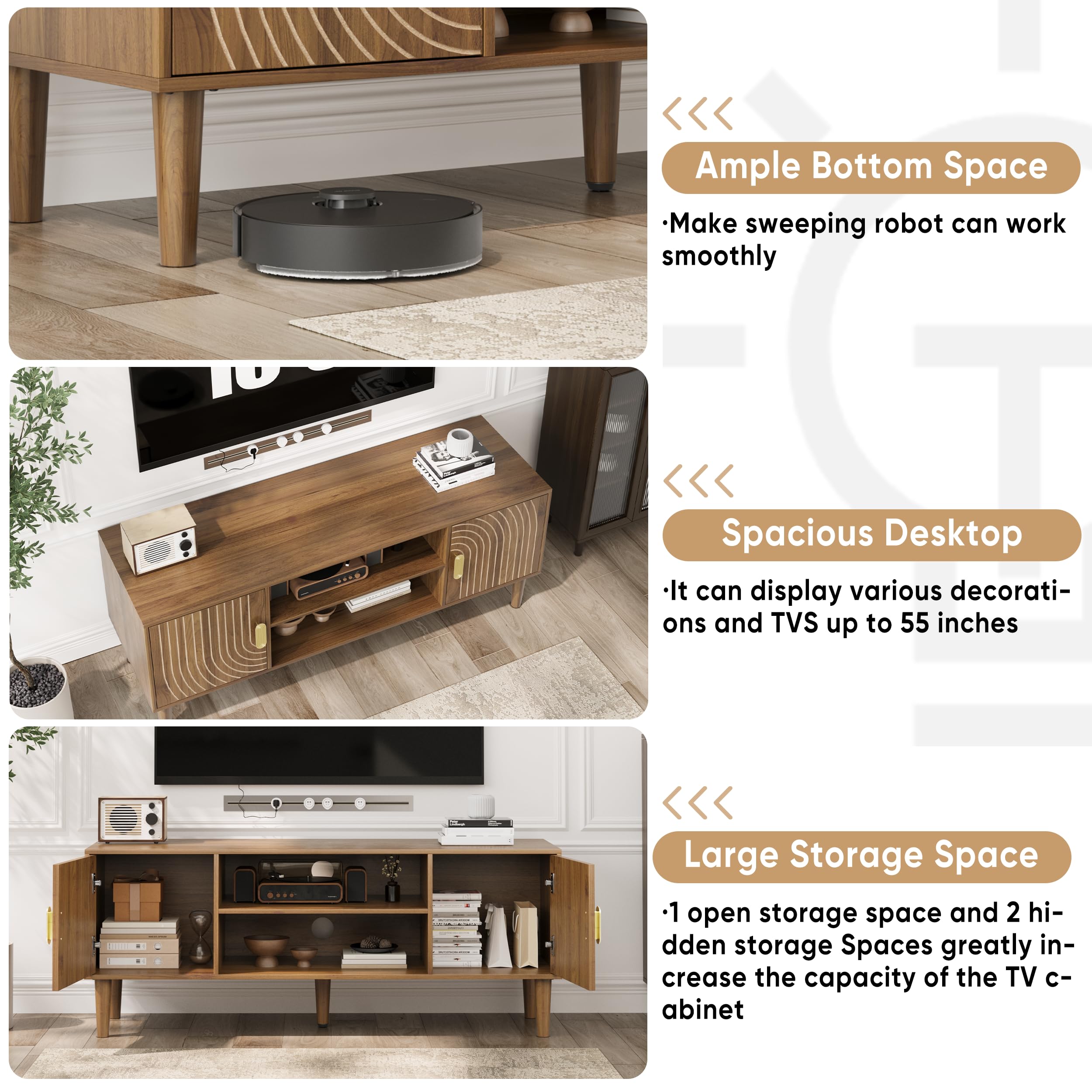 Smuxee Walnut TV Stand with Line Groove Design, 47.2" Mid Century Modern TV Media Console for TVs up to 55", TV Cabinet with Adjustable Shelf & 2 Cabinets for Living Room