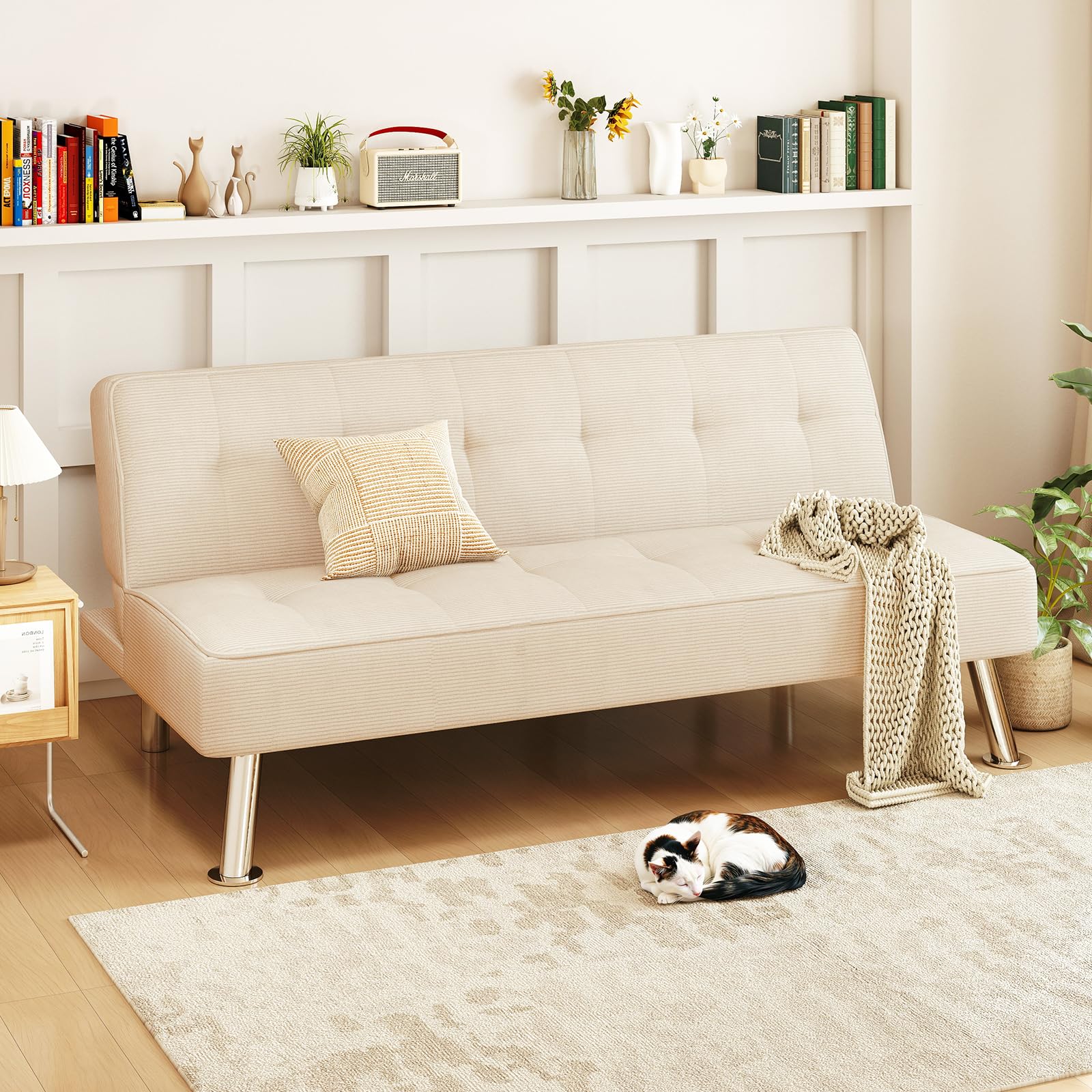 Convertible Futon Sofa Bed – Corduroy, 3-Position Adjustable Backrest