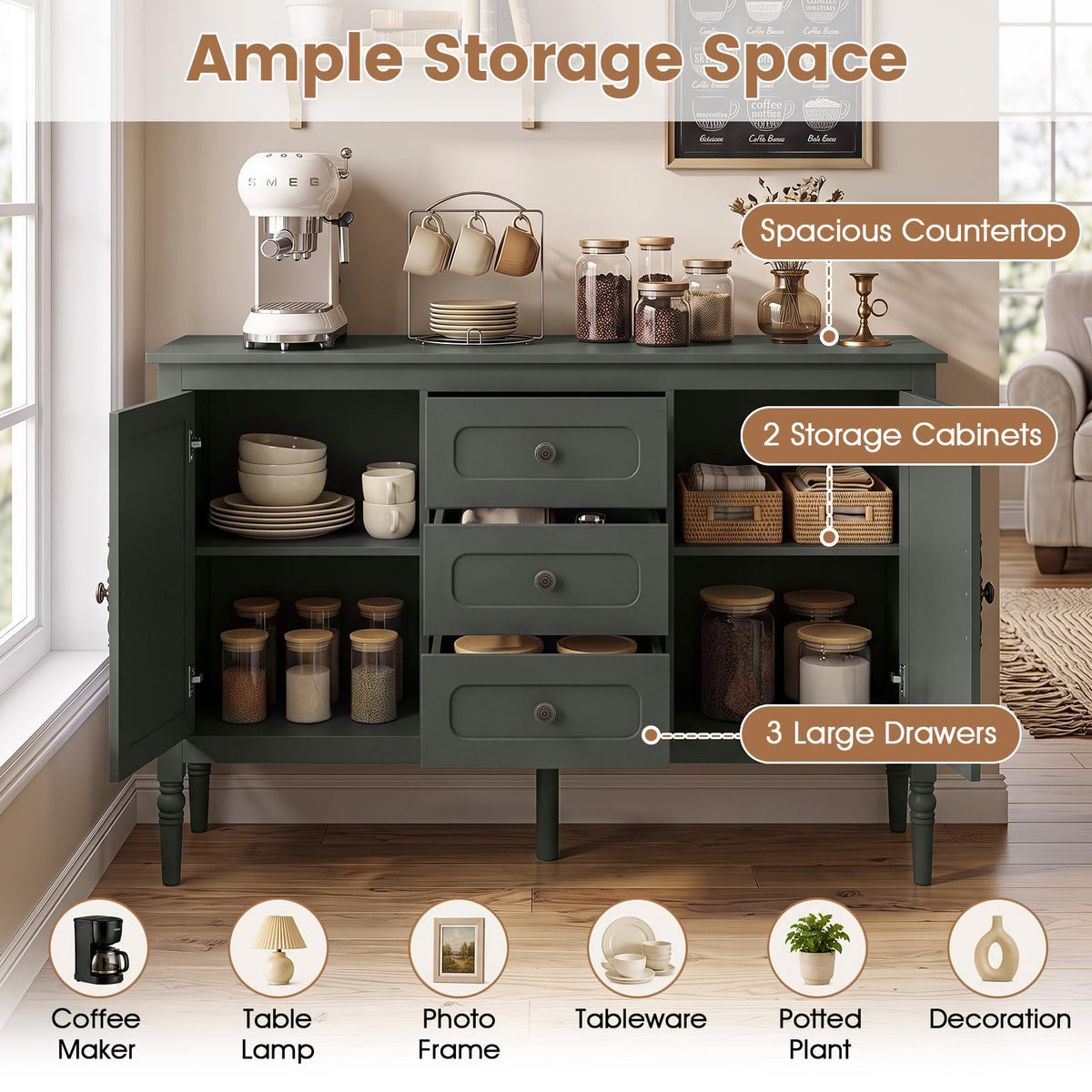 SILKYDRY Buffet Cabinet, 47" Vintage Sideboard w/Adjustable Shelves(Green)
