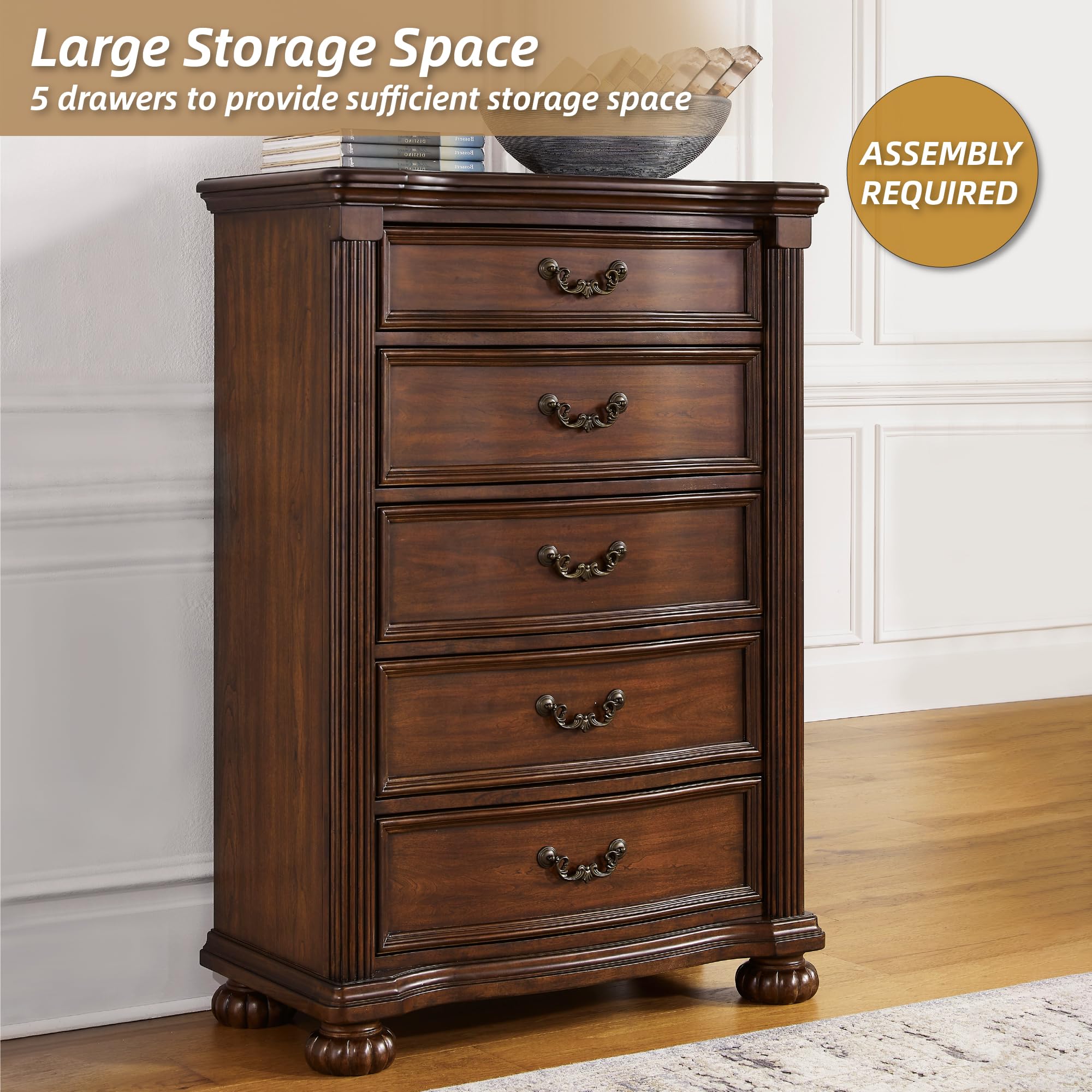 Signature Design by Ashley Lavinton Traditional Chest with 5 Smooth-Gliding Drawers, Metal Drawer Pulls, Wood, Cherry Brown Finish, 35.38' W x 17.88' D x 51' H