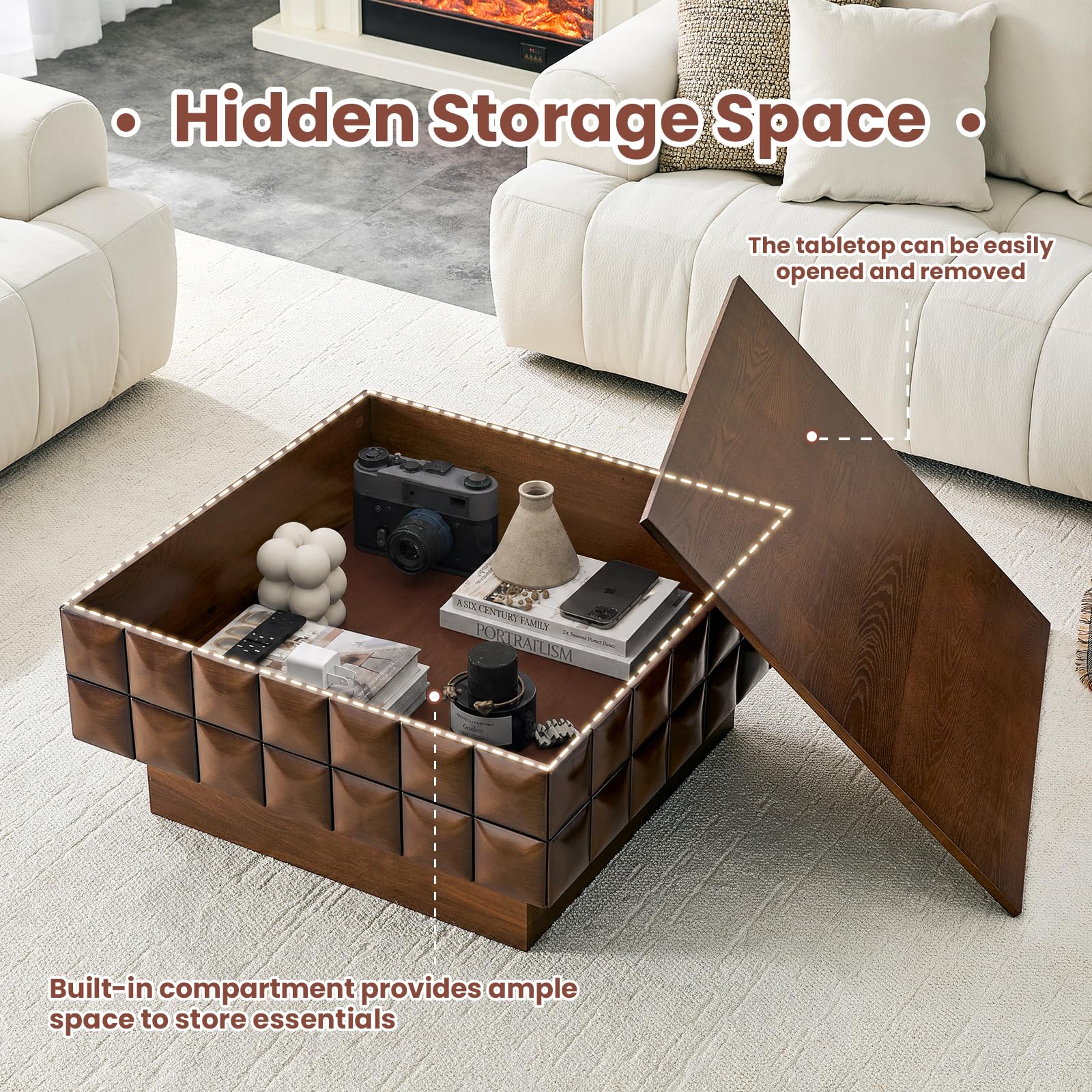 LKTART Coffee Table with Storage, 31.89" Square Coffee Table with Solid Wood Veneered, Unique Wood Center Table for Living Room Home Office (Walnut)