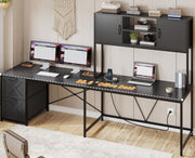 L-Shaped Corner Desk with Drawers, LED Lights & Power Outlet