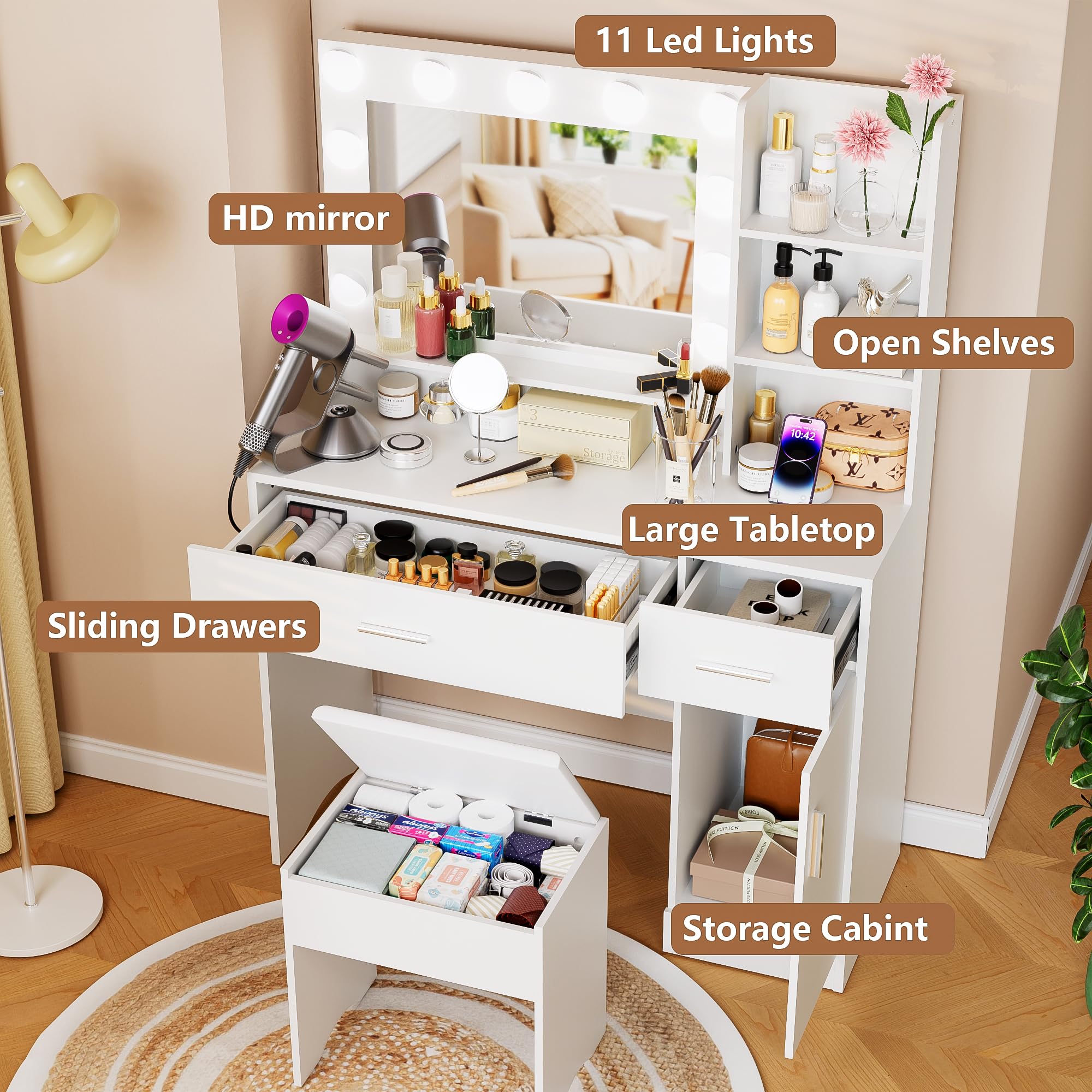 Trumbeak Vanity Desk with Mirror and LED Lights,Vanity Desk with 3 Drawers & 3 Storage Shelves,Vanity Table with Chair,Three Adjustable Lighting Modes,Bedroom Vanity,White