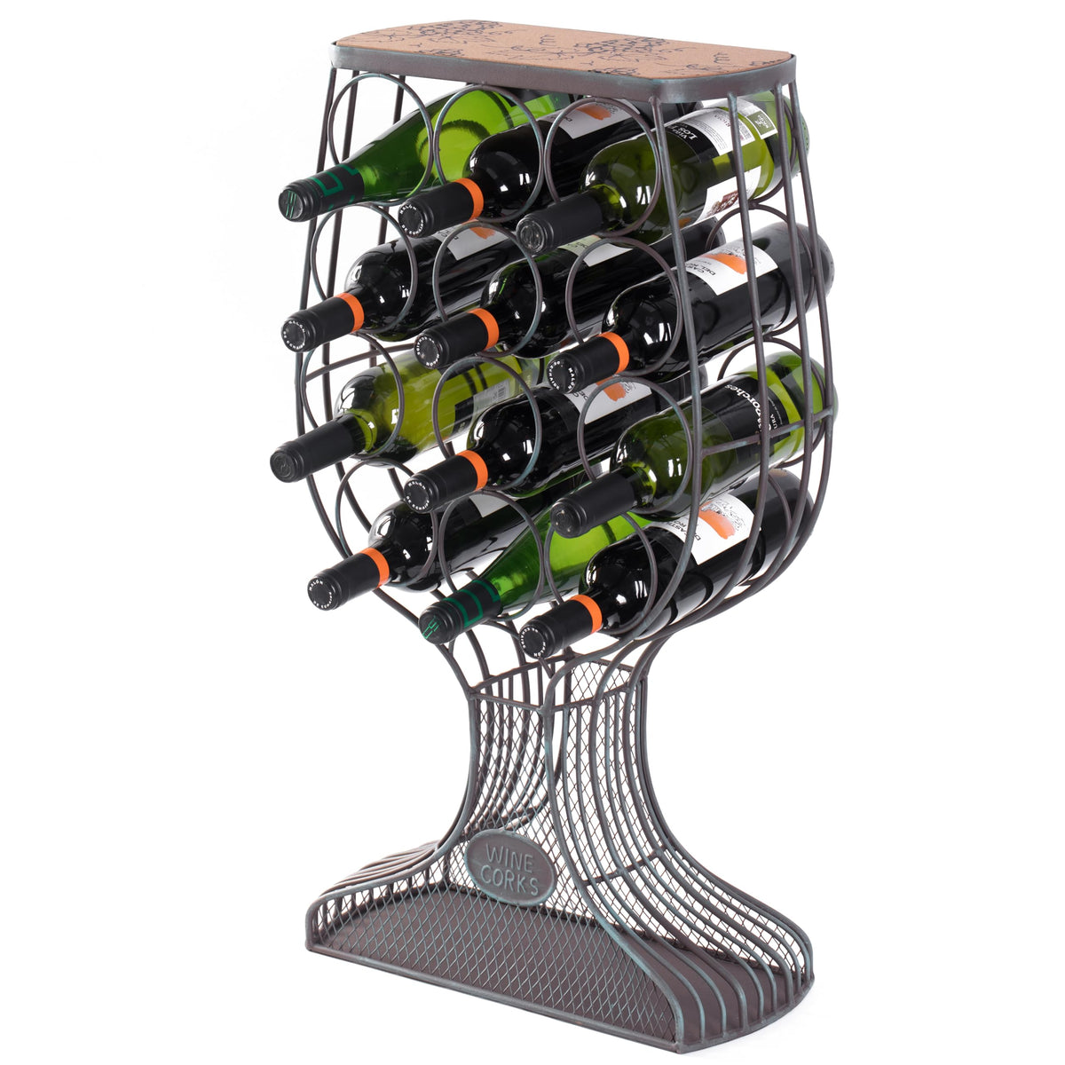 Vintiquewise Vintage Wooden Wine Rack Freestanding Floor Stand with Metal Goblet Shape, Cork Holder, Wood Wine Bottle Rack for Living Room Bar