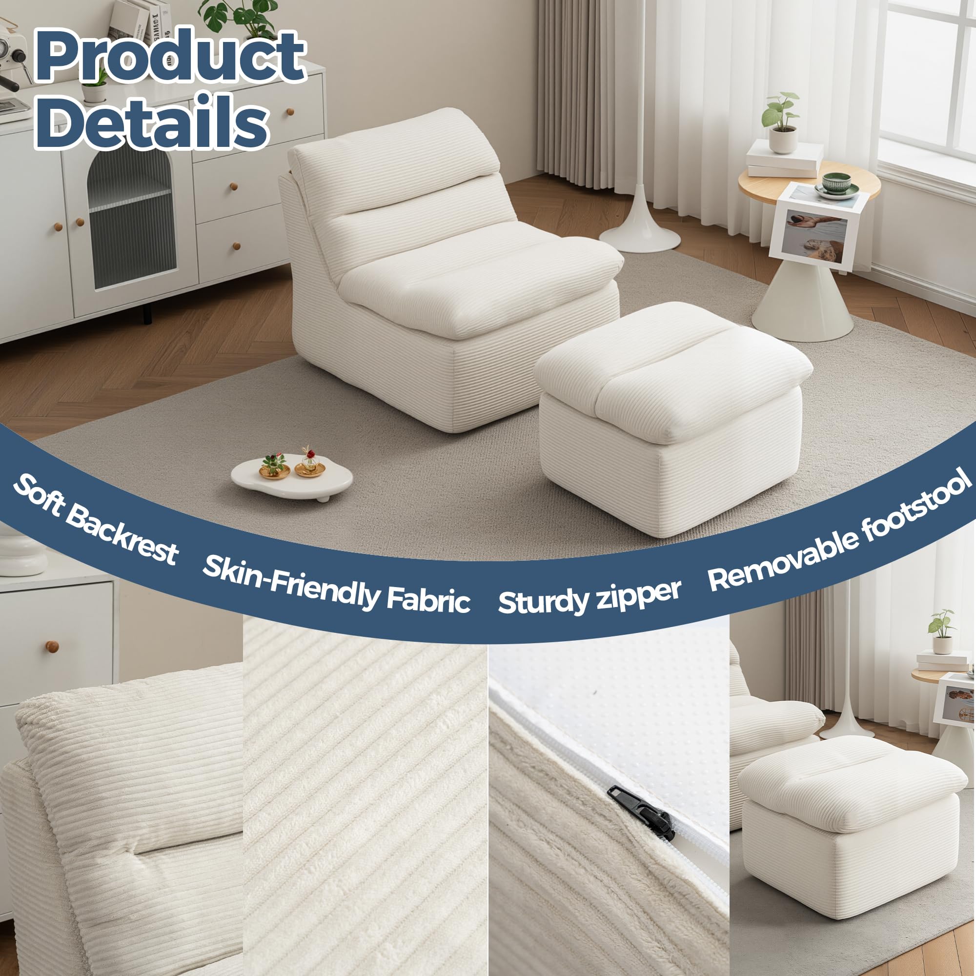 DRKAT 38" Bean Bag Chair with Ottoman, Big Corduroy Chaise Lounge Chairs for Adults, Tufted Upholstered Lazy Sofa for Living Room, Bedroom, Balcony, Beige