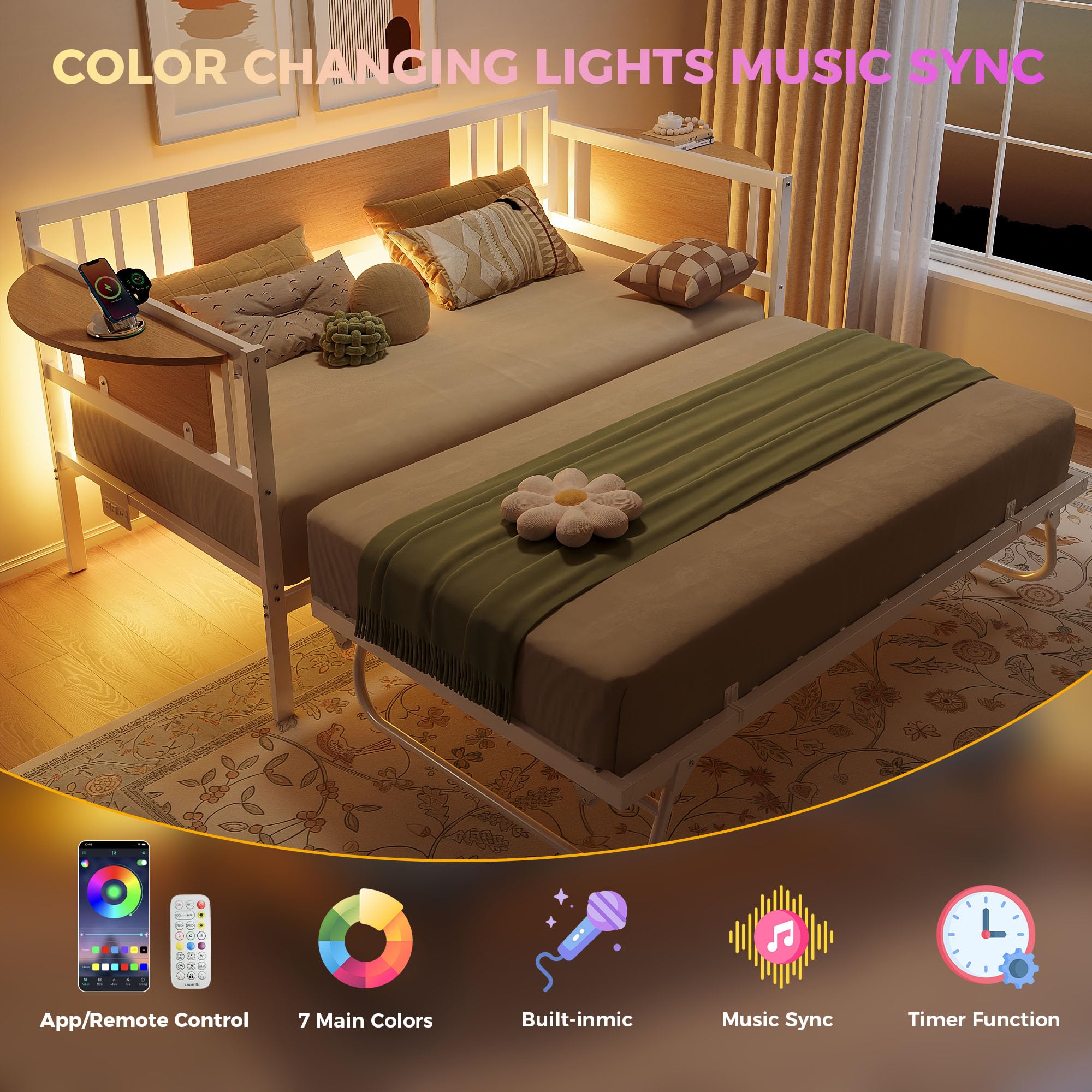 Twin Daybed with Trundle, LED Lights & Charging Station