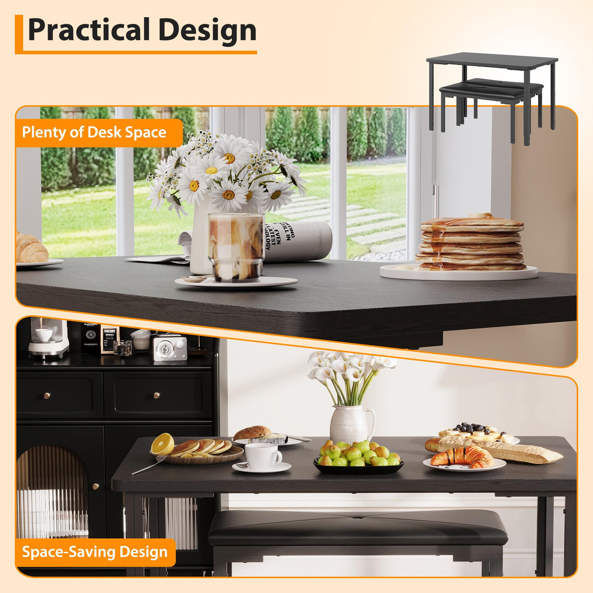Garvee 3-Piece Dining Table, Small Kitchen Table with 2 Upholstered Benches