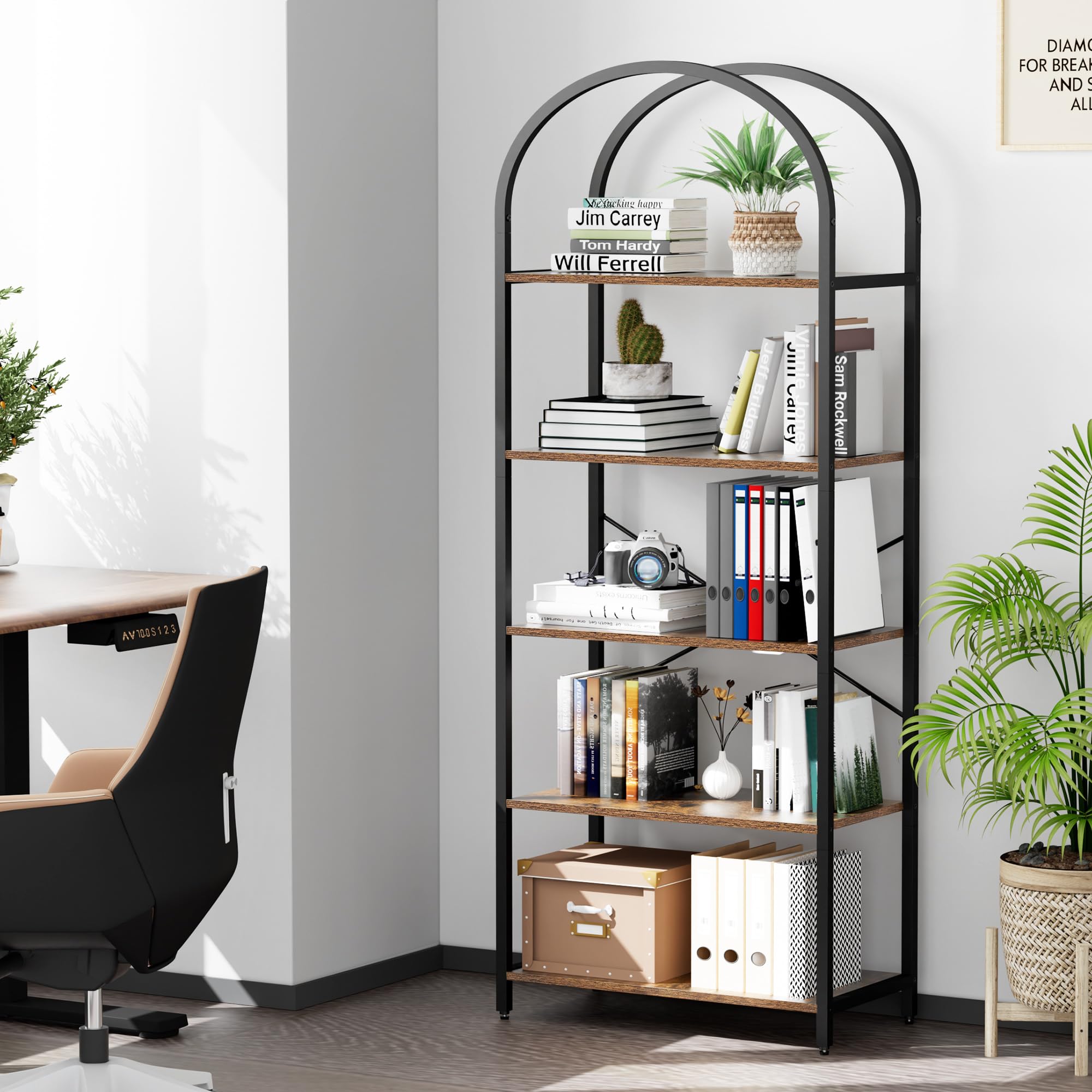 Homhedy 5-Tier Bookshelf Arched Display Racks, Wood and Metal Bookcase, Tall Bookshelf, Industrial Display Standing Shelf Unit, for Home Office, Living Room, Bedroom, Bathroom, Rustic Brown
