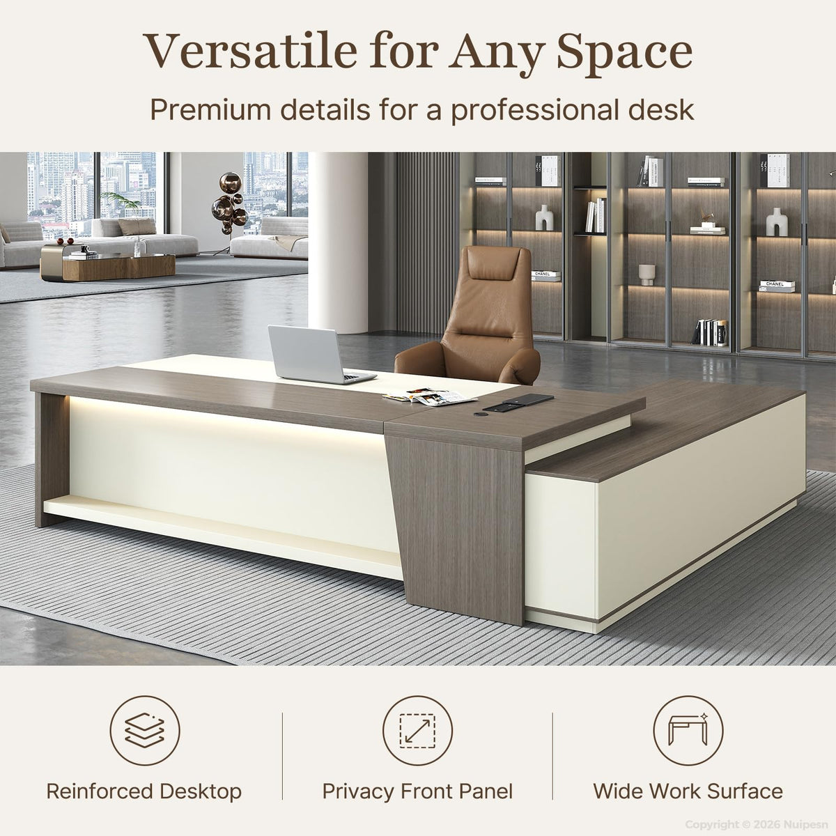 L-Shaped Executive Desk with LED and Power Outlets
