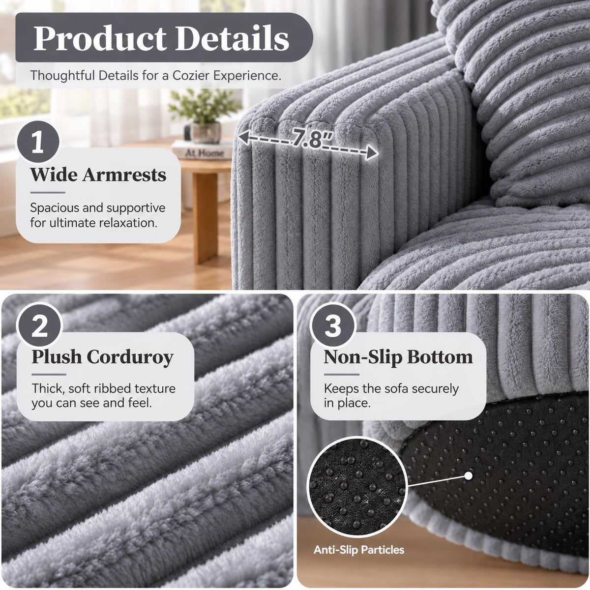 YDN 52" Oversized Round Boneless Chair, Corduroy Reading Lounge Chair, Gray