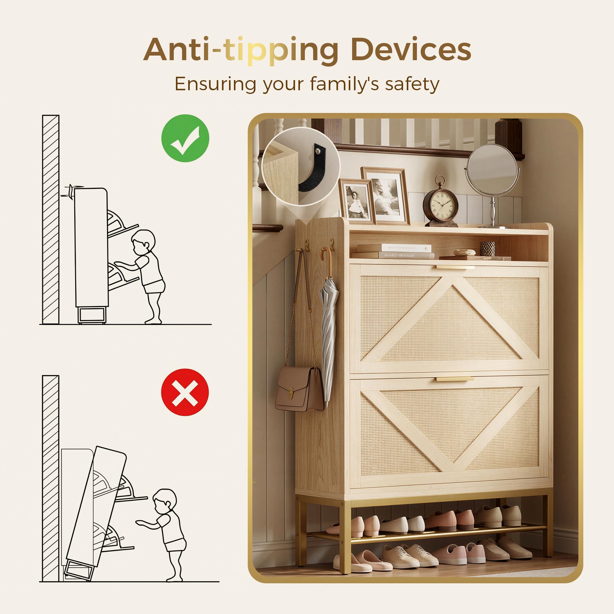 Rattan Shoe Cabinet with Flip Drawers & Side Hooks