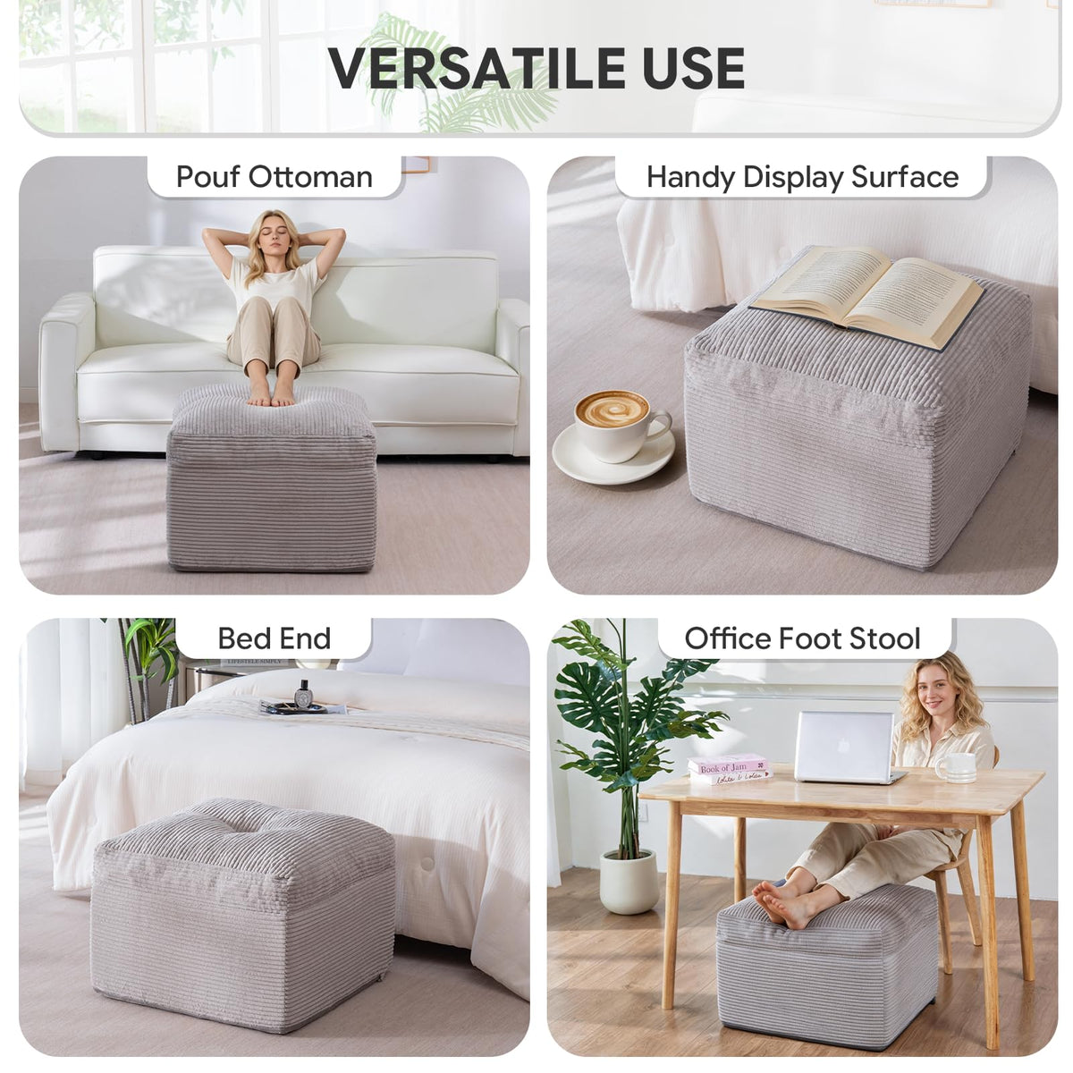 Smaour Pouf Ottoman, Corduroy Square Foot Stools with Filling, Light Grey