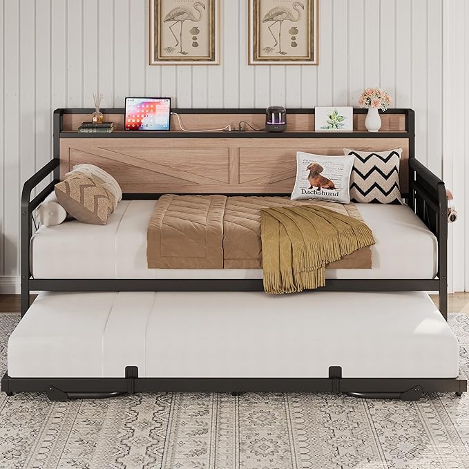 Twin Daybed with Pop-Up Trundle & Storage Headboard