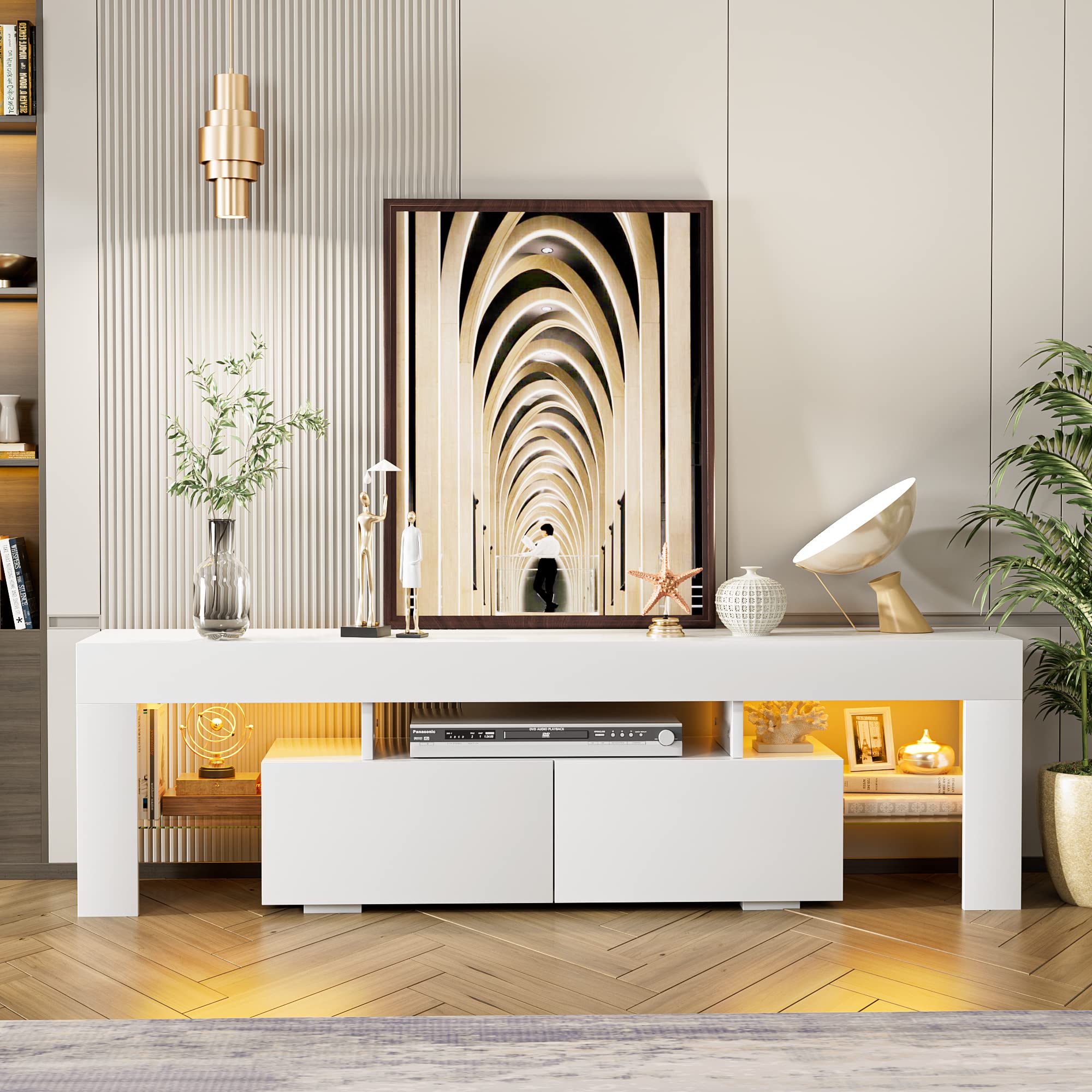 JUMMICO TV Stand with LED Lights, Modern Entertainment Center Media and Open Shelf Console Table Storage Desk with 1 Drawer and Remote Control 20 Color LED Lights up to 70 Inch TV (White)