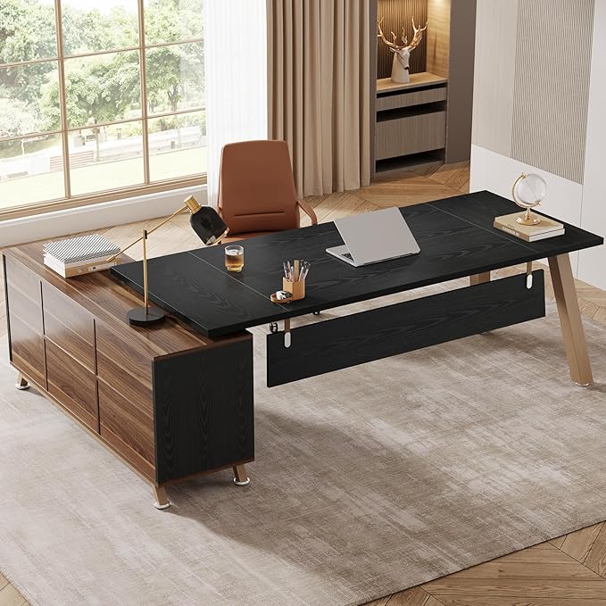 L-Shaped Desk with Storage Shelves & Drawers