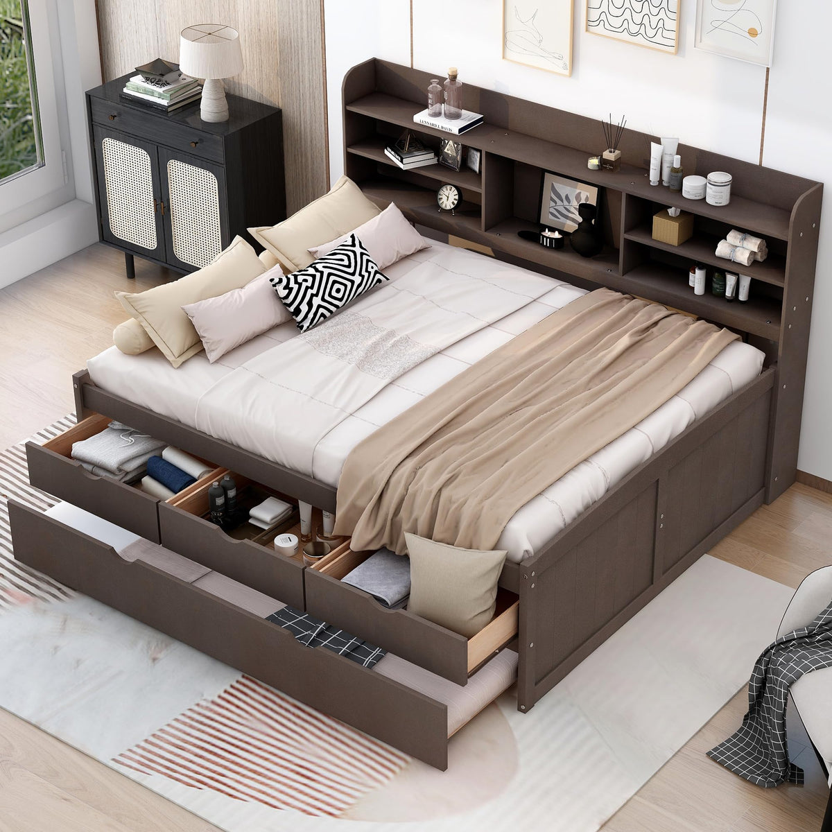 Bellemave Full Size Captain Bed, Full Beds with Trundle and Storage Drawers, Wood Daybed Frame with Bookcase Headboard and Slats Support for Kids Boys Girls Teens, Antique Brown
