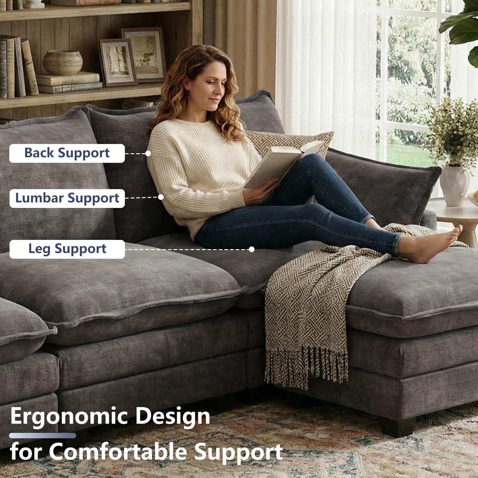 OhaiAura U Shaped Modular Sectional Sofa, Cloud Couch with Movable Ottoman, Comfy Chenille Sofa with Pillows for Living Room, Bedroom, Apartment, Dark Gray