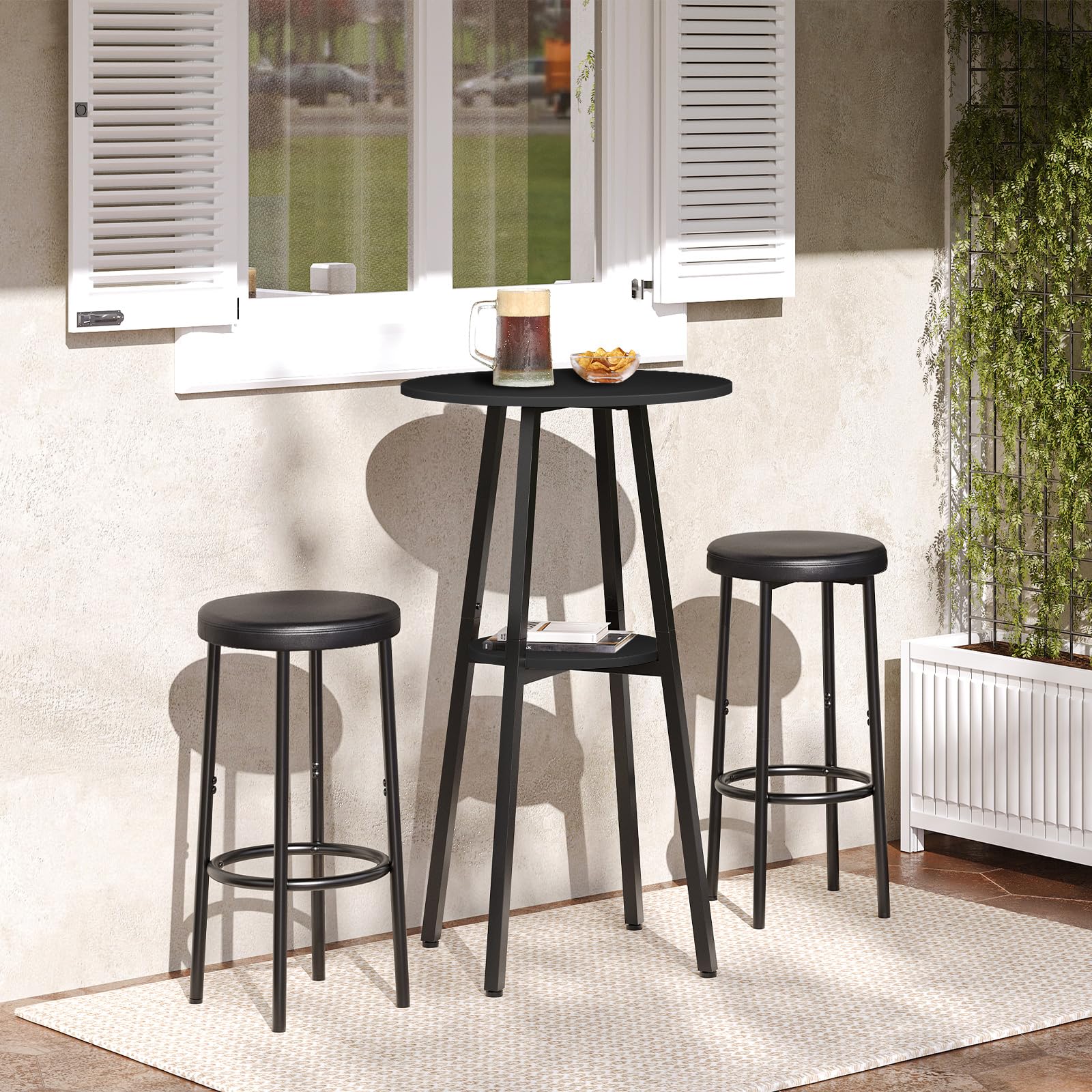 HOOBRO Bar Table, Round Pub Table, 2-Tier Bistro Table with Storage, 37.4" High for Small Spaces, with Top Particleboard for Kitchen, Easy to Assemble, Black BB55BT01