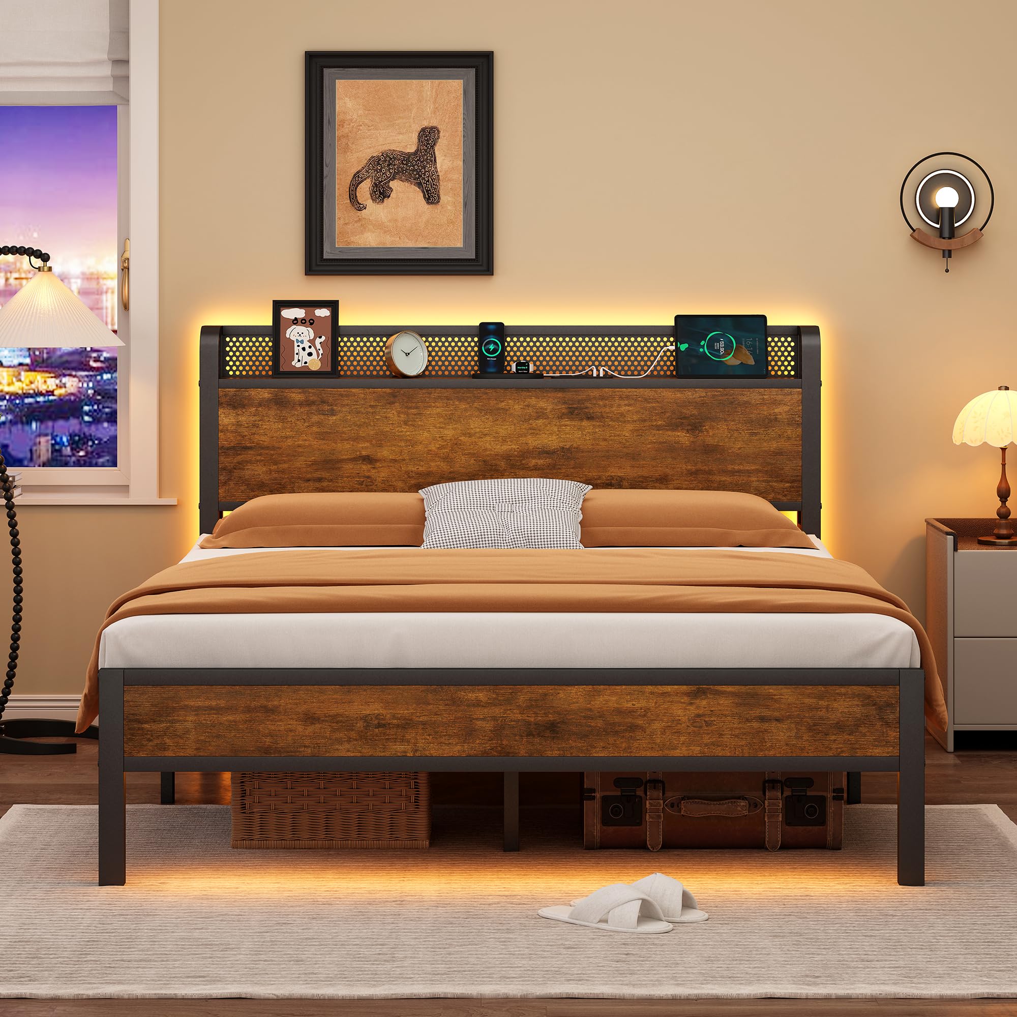 Nedenyou Full Bed Frame with Charging Station and LED Lights,Heavy Duty Platform Beds Full Size with Storage Headboard,USB Port,Rustic Wood and Strong Metal Support,No Box Spring Needed, Noise Free
