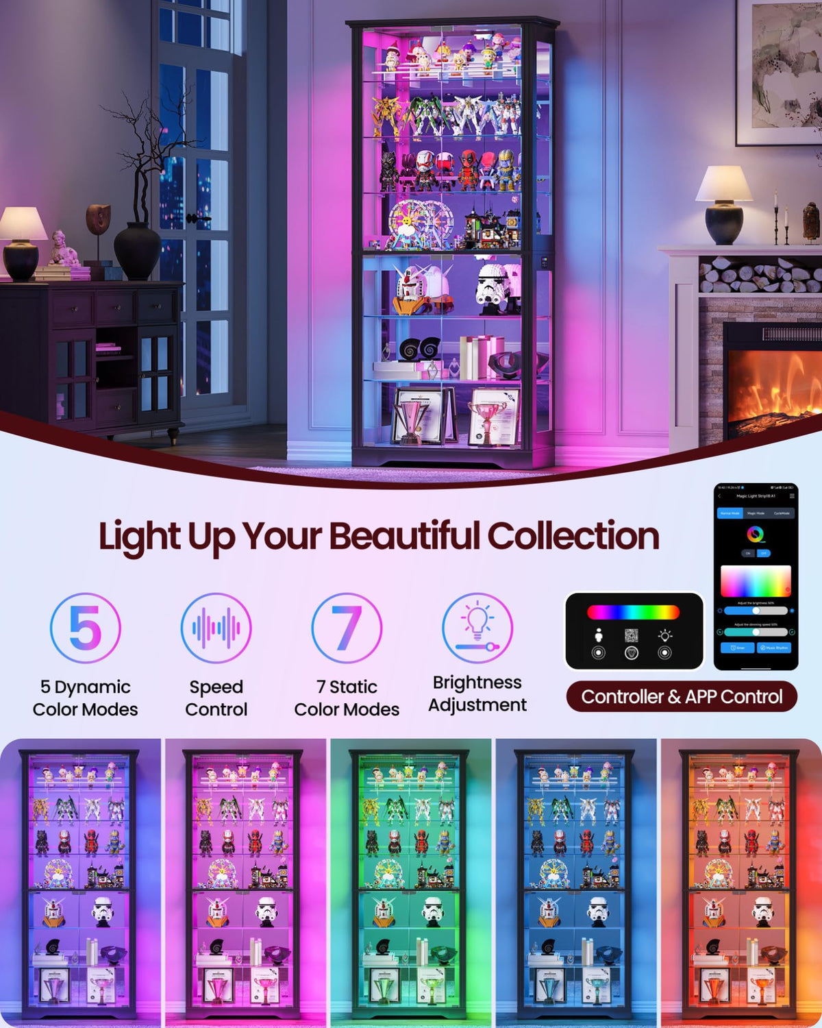 TAGELIER Glass Display Cabinet with RGB Lights & Adjustable Shelves