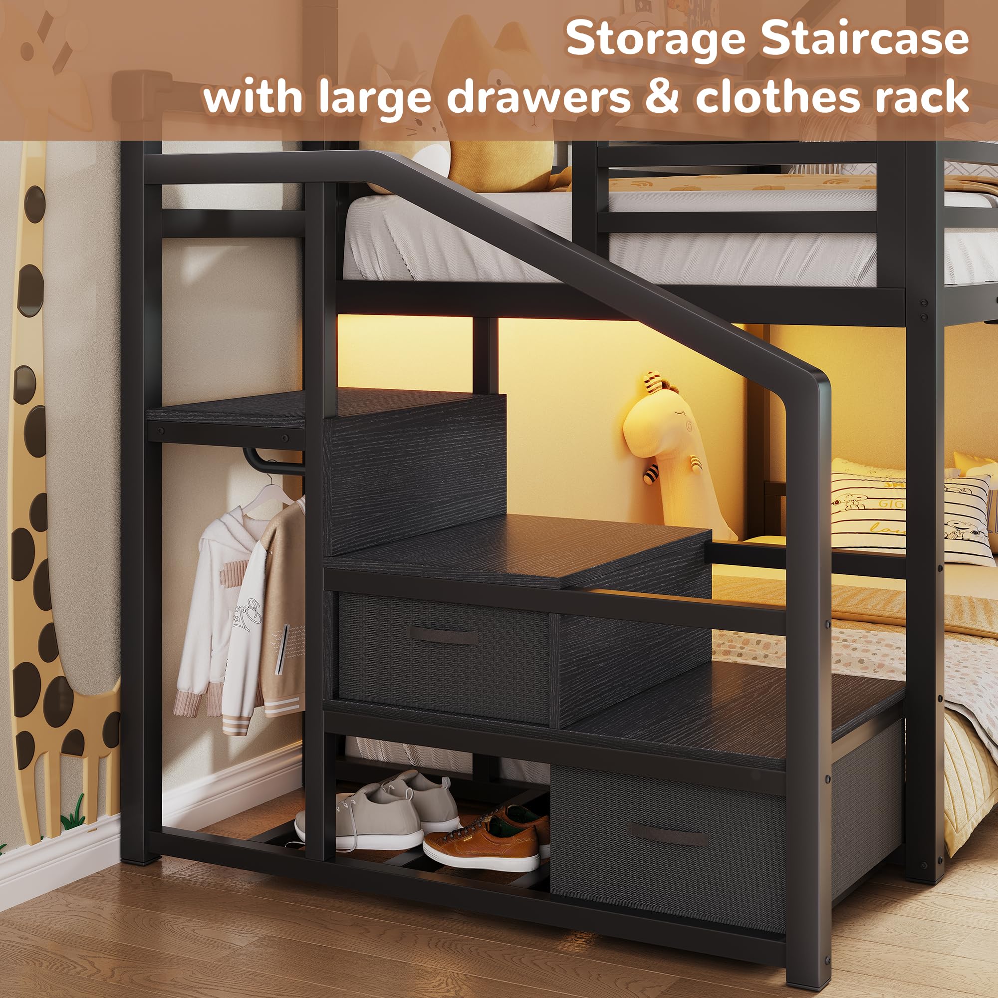 Twin Over Twin Bunk Bed with Storage Staircase & LED Lights