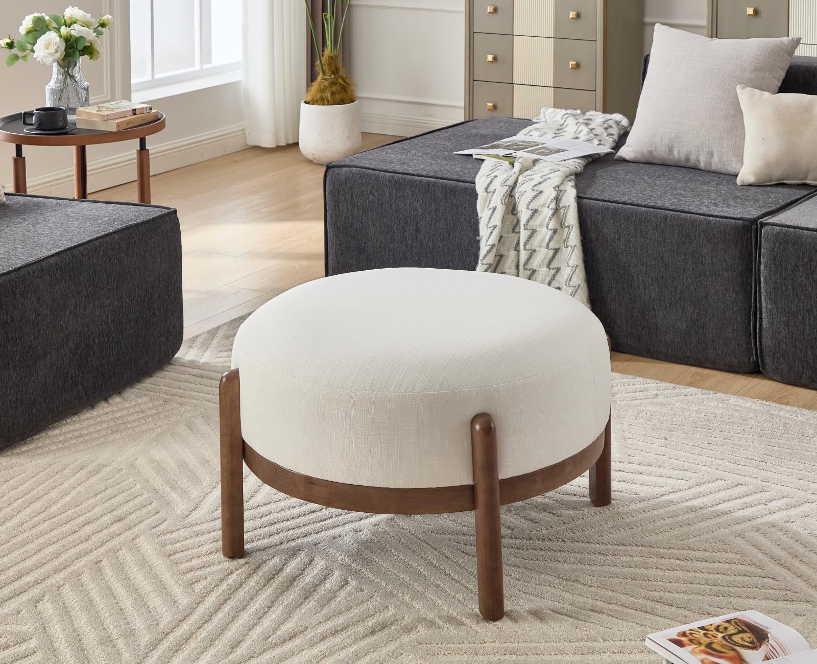 Round Upholstered Ottoman with Wood Legs