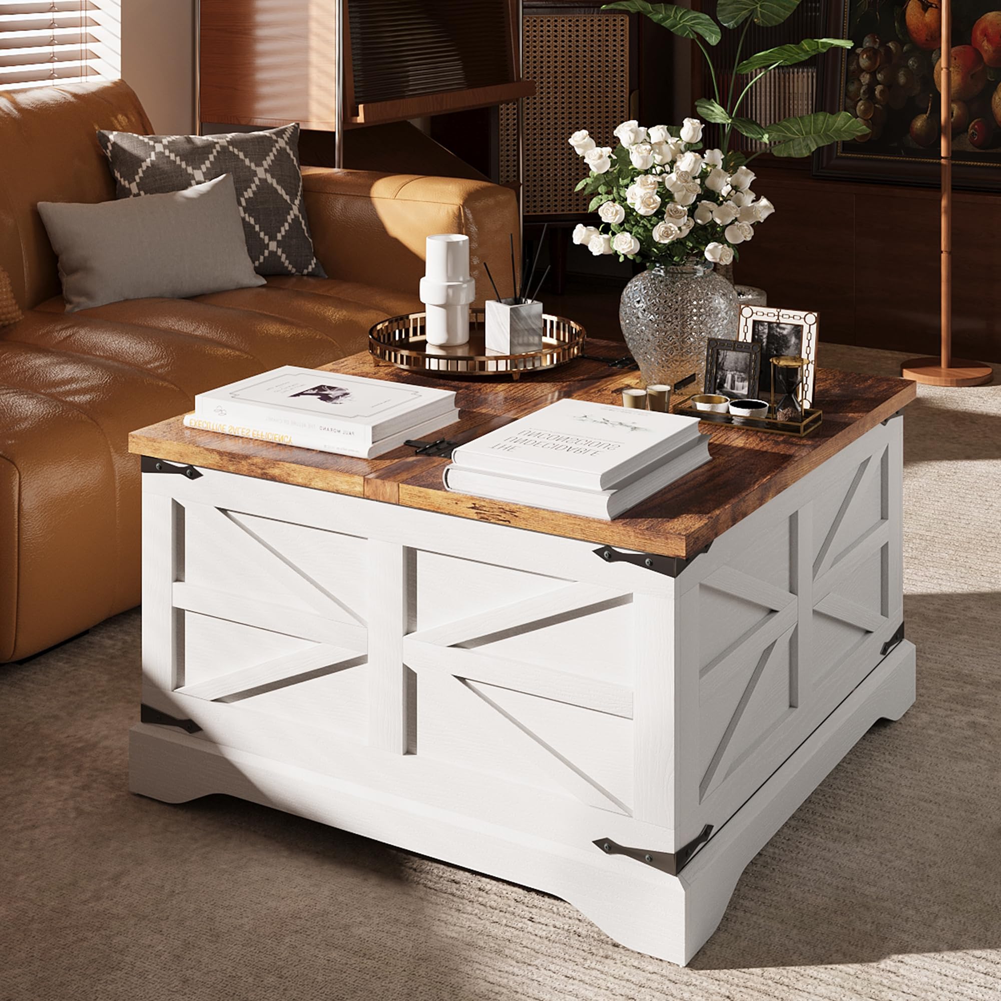 MXV Farmhouse Coffee Table with Storage, Square Coffee Tables for Living Room, Rustic Wood Center Table with Hinged Lifting Tabletop for Home, White