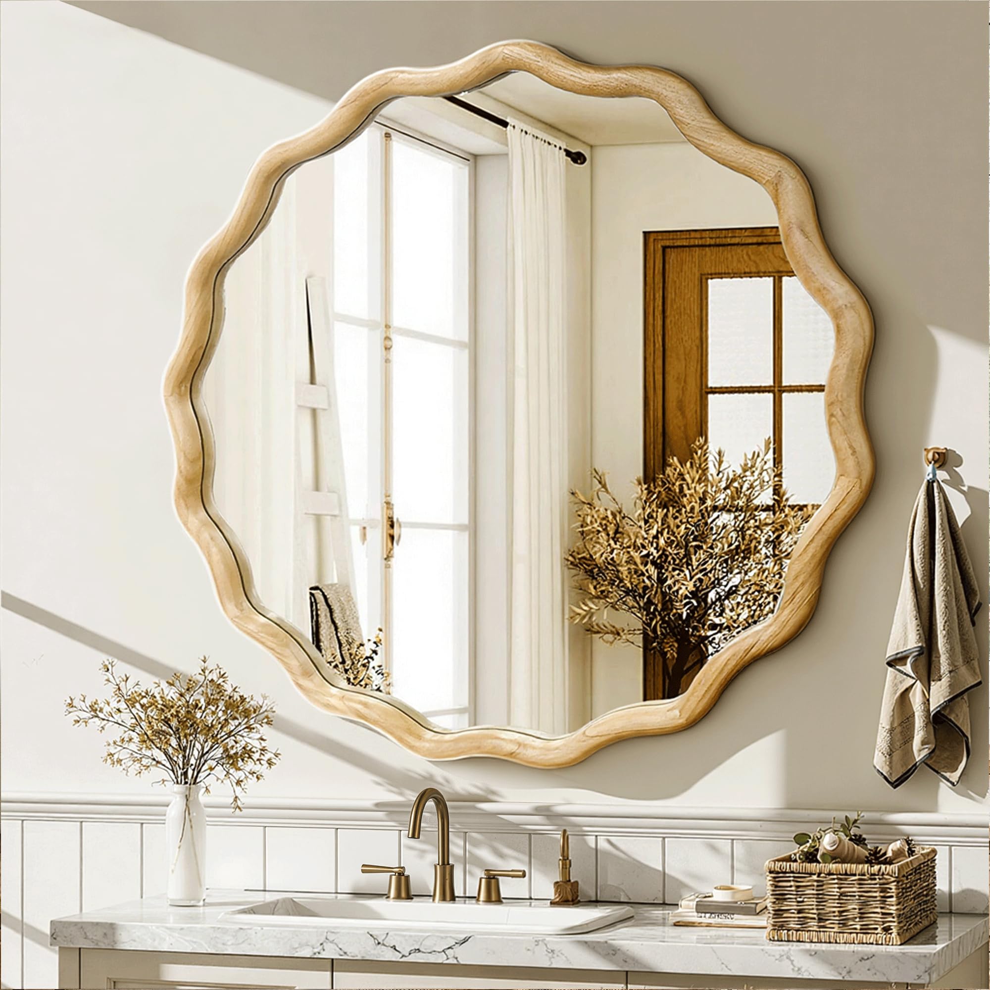 Circle Wood Mirrors for Wall, Wavy Round Bathroom Scalloped Mirror Wooden Frame 28 Inch for Living Room Farmhouse Bedroom Hallway Entryway Living Room with Shatterproof Glass Wall Mounted