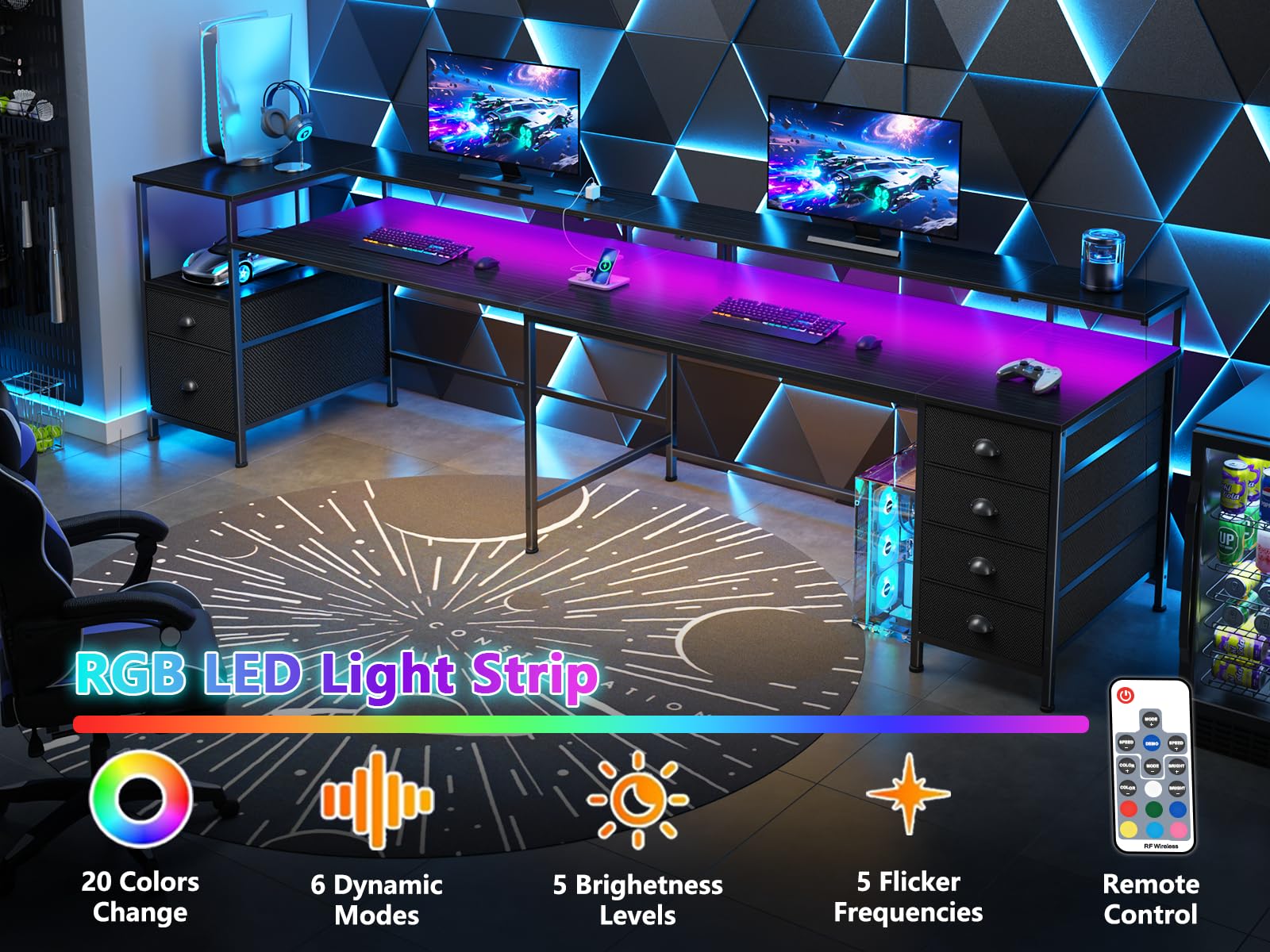 95" Two-Person Gaming & Office Desk with LED Lights, Power Outlets & Storage