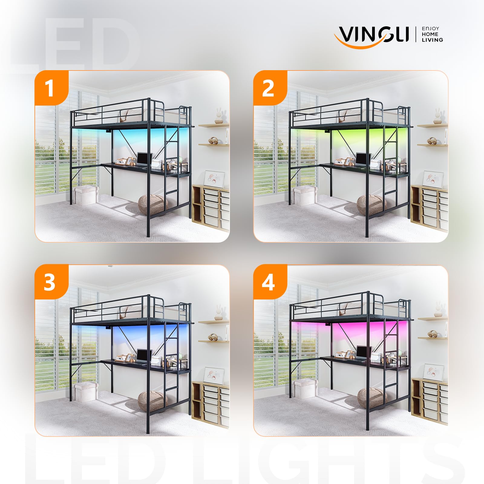 Metal Loft Bunk Bed with Desk, LED Lights & Charging Station
