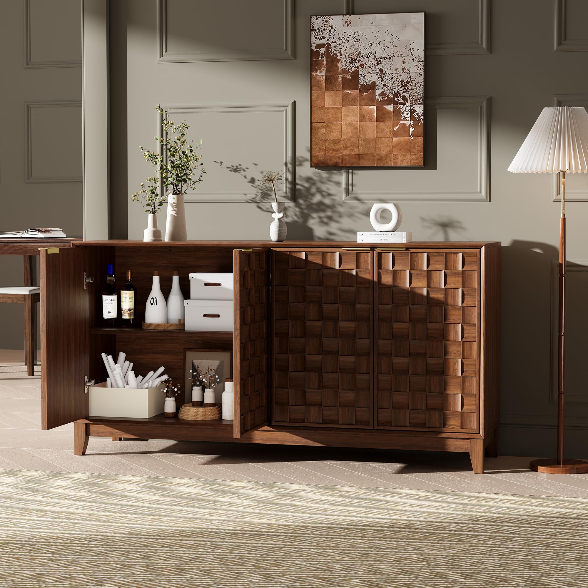 MALOL Fluted Sideboard Buffet Cabinet with Storage, 59" Wood Buffet Table with 4 3D-Checkerboard Doors & Adjustable Shelves, Kitchen Dining Room Coffee Bar Cabinet, Mid Century Modern Style, Walnut