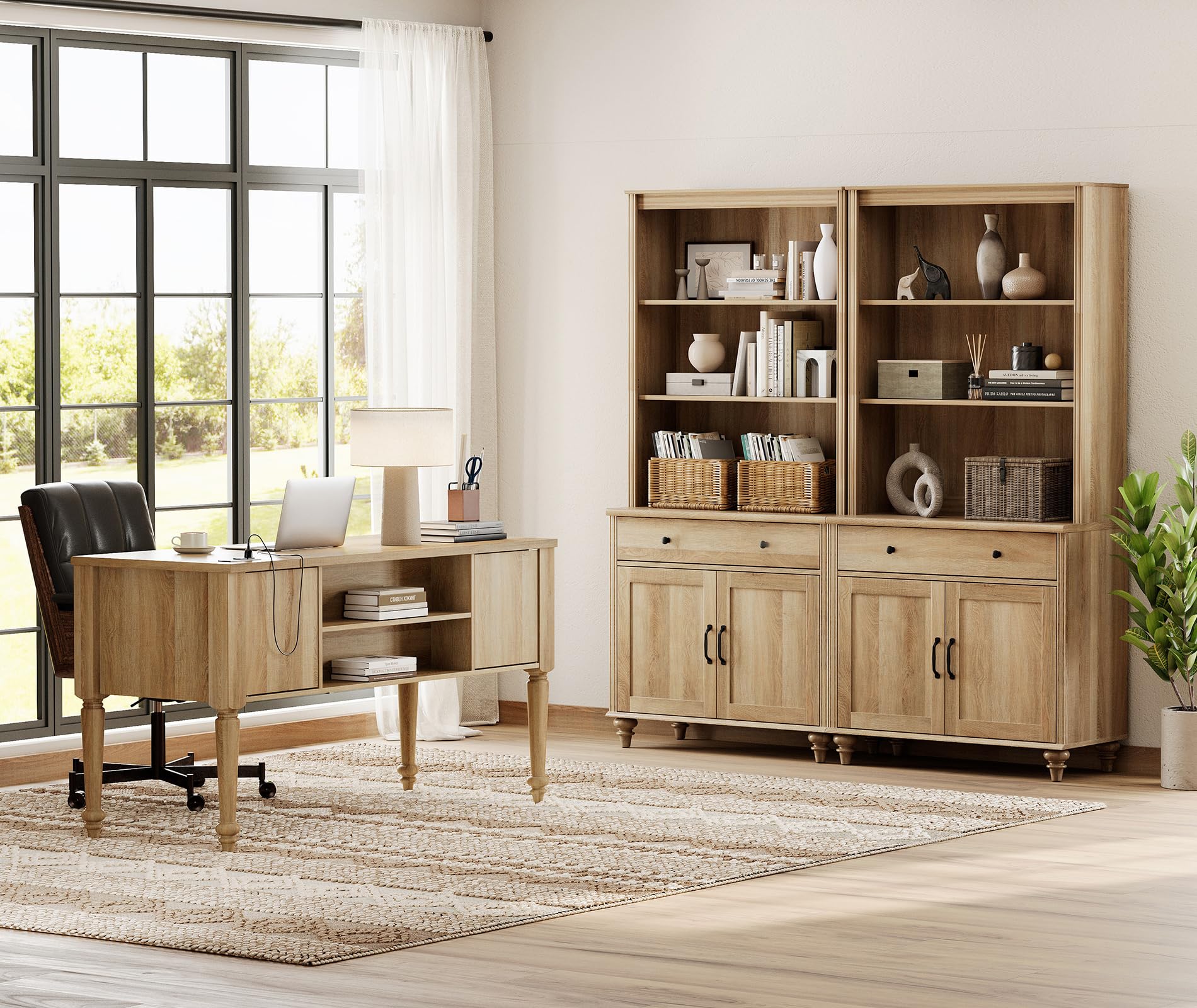 Farmhouse Office Set – 56" Desk with Charging Station & 72" Tall Bookcase