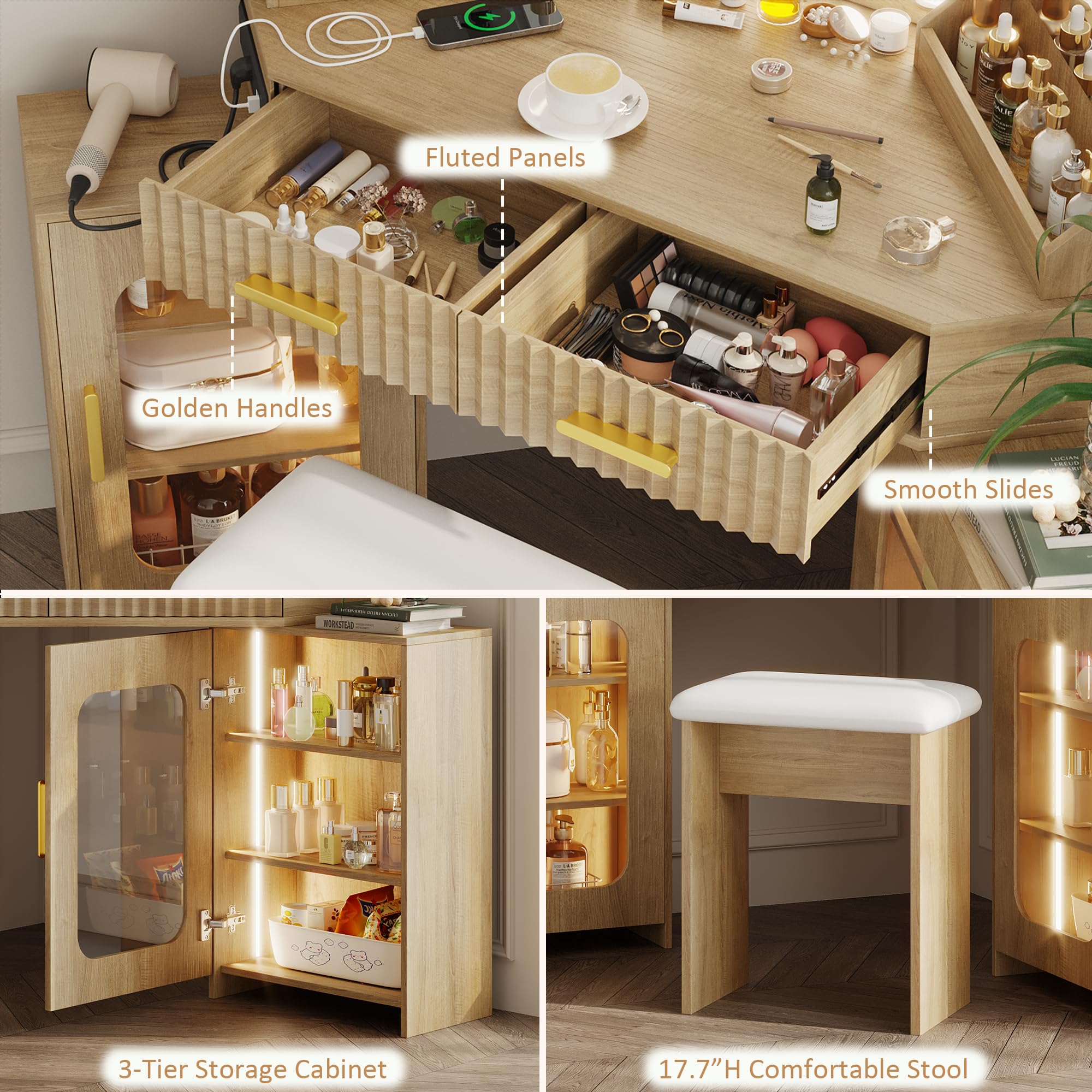 ZKIODV Corner Vanity Desk with 3 Way Mirror & LED Lights, Makeup Table Set with Charging Station, Storage Drawers & Side Cabinets, Modern Bedroom Dressing Table for Women & Girls Birthday Gift
