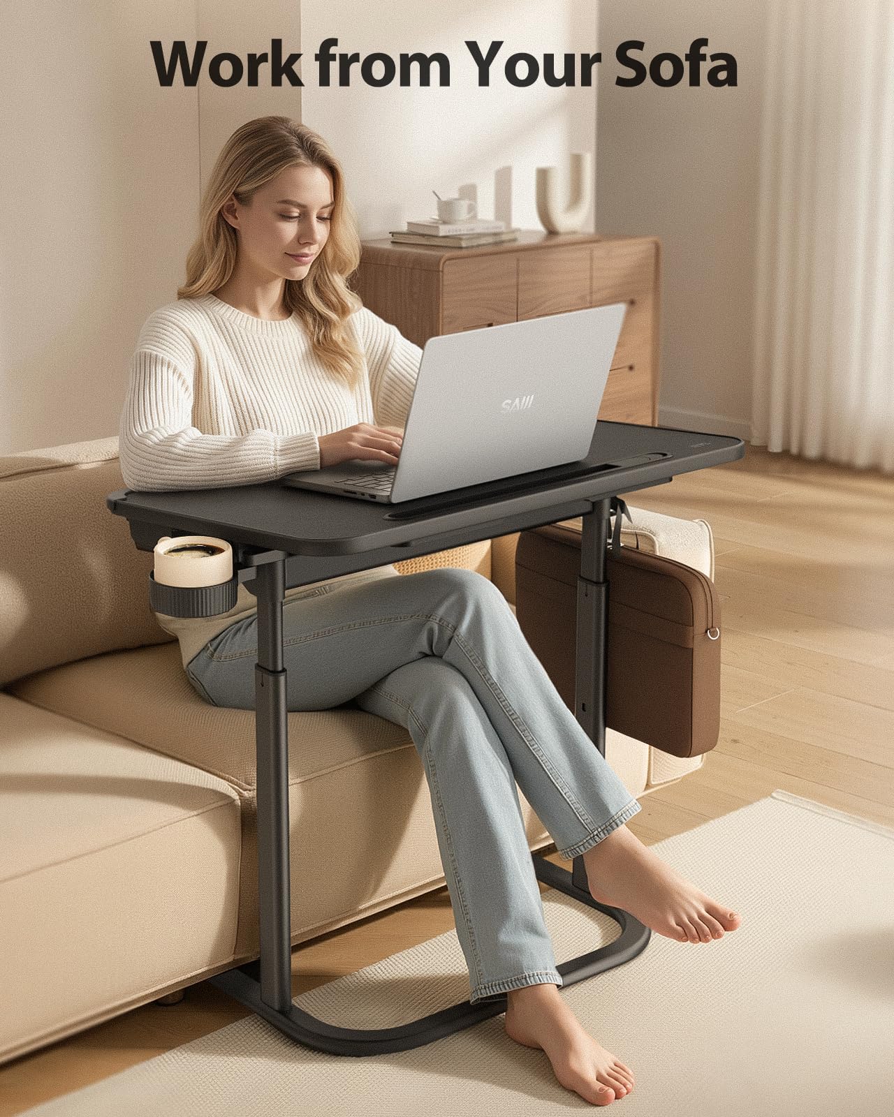 SAIJI Tilt & Height Adjustable Laptop Tray Table, Extra Large Couch Desk, Foldable Floor Table for Laptop,Drafting, Writing, Eating on Sofa, Built in Led Light, Drawer, Bookstand, Cup Holder