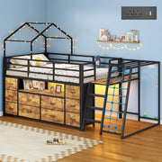 Dnxao Low Loft Bed Twin with 10 Drawers & Climbing Net, Rustic Brown