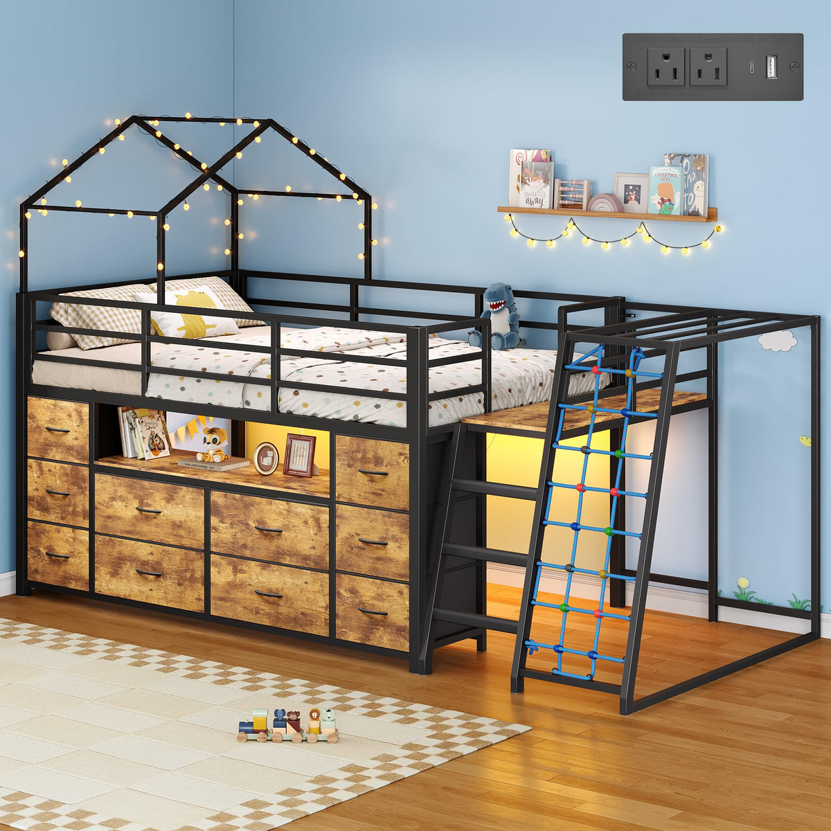 Dnxao Low Loft Bed Twin with 10 Drawers & Climbing Net, Rustic Brown