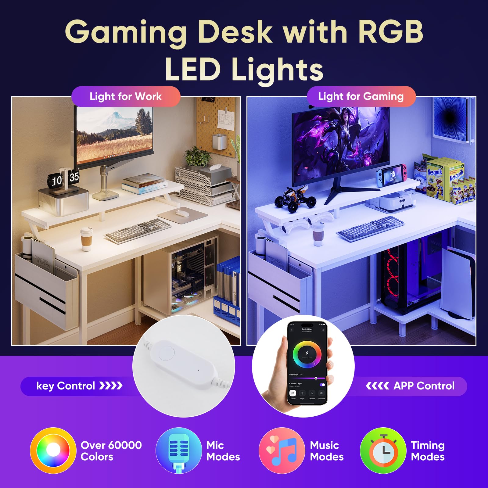 L-Shaped Gaming Desk with LED Lights & USB Charging
