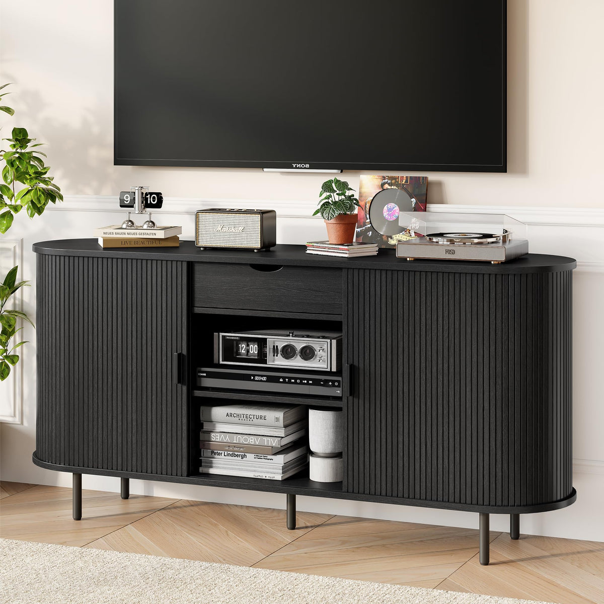 ONBRILL 63" Sideboard Buffet Cabinet with Storage Drawer & Shelves,Black