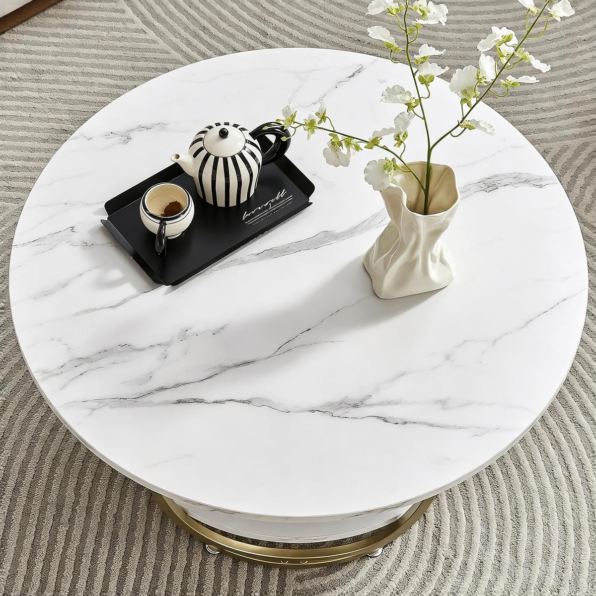 Round Marble-Look Storage Coffee Table
