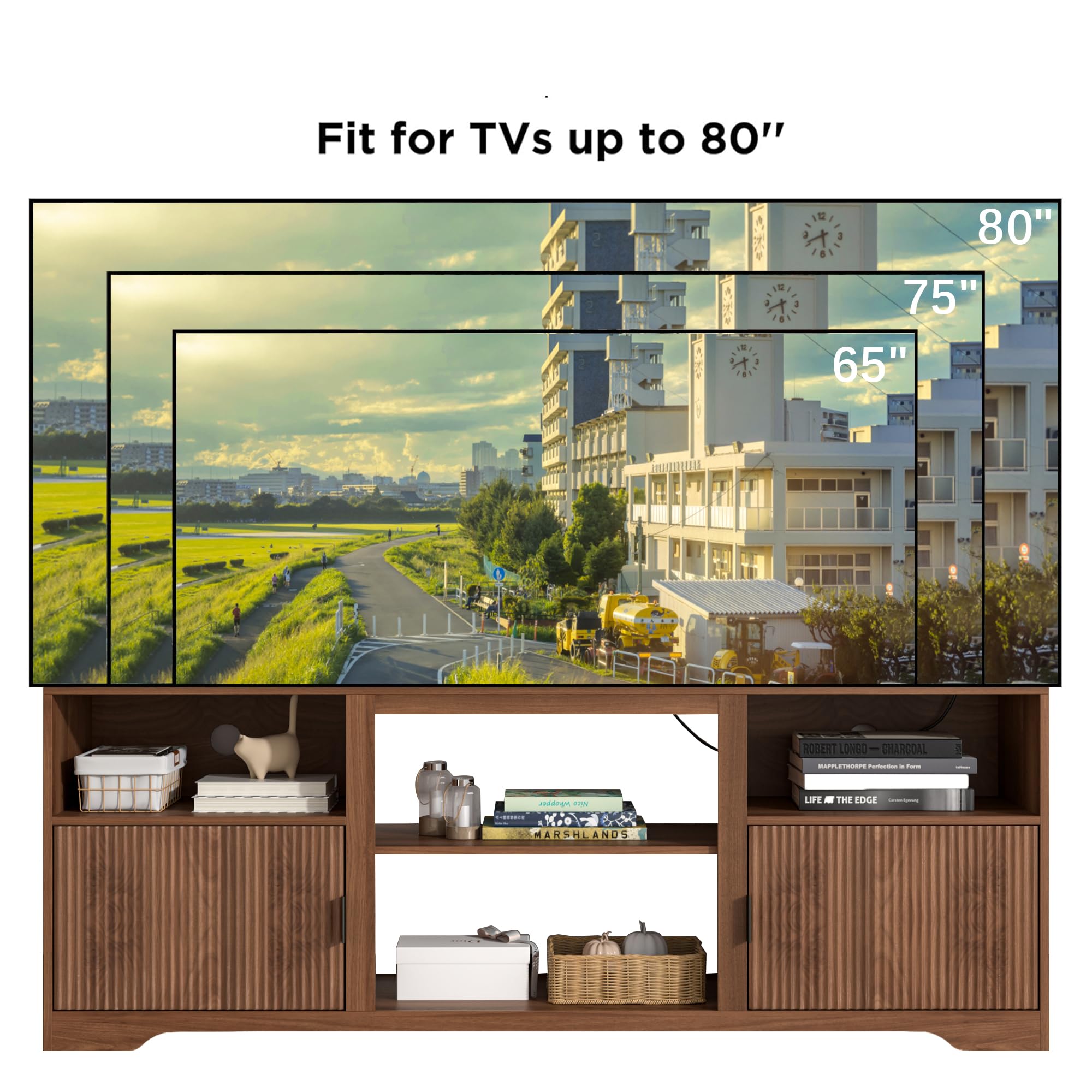 Fluted TV Stand for Tvs up to 80",Mid Century Modern TV Stand with Open Adjustable Shelf,Entertainment Center Wood TV Media Console with Cord Holes for Living Room Furniture Bedroom,Walnut