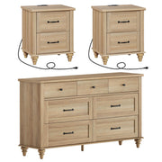 3-Piece Bedroom Set with 7-Drawer Dresser & Nightstands with Charging Station – Oak