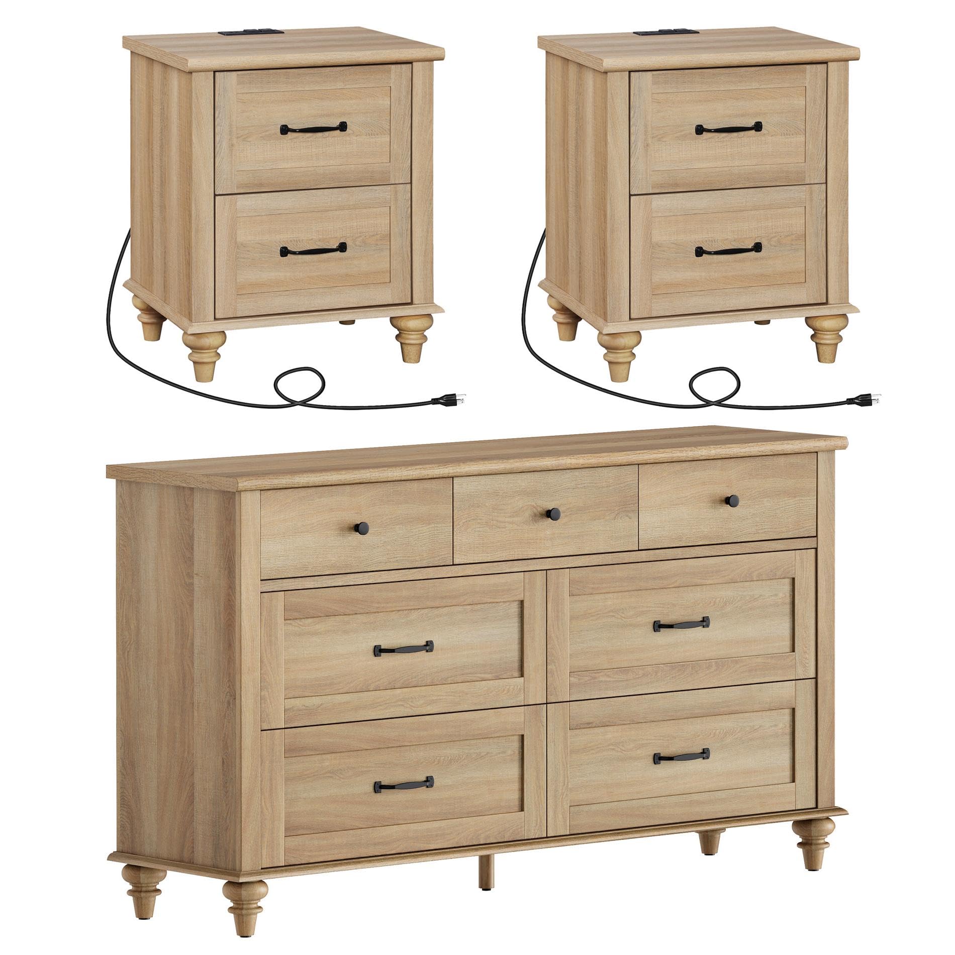 3-Piece Bedroom Set with 7-Drawer Dresser & Nightstands with Charging Station – Oak